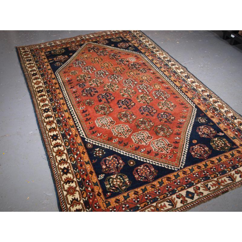 Old tribal style rug, Shiraz region, probably by settled weavers from the Qashqai tribe.

A good large size rug with all over large boteh design on a soft terracotta ground. The diagonal rows of boteh are in alternating colours. The traditional