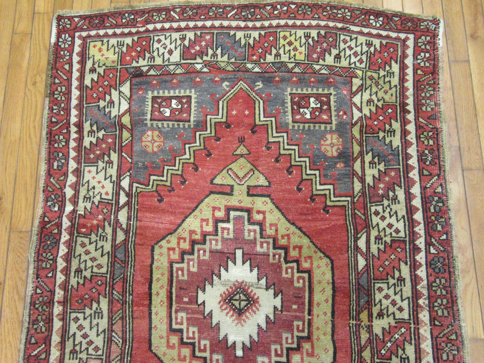 Vintage Hand Knotted Wool Turkish Anatolian Runner Rug In Good Condition For Sale In Atlanta, GA
