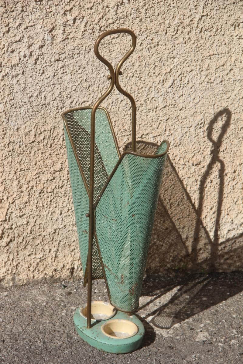 Old umbrella stand Midcentury Italian Design perforated metal and brass gold green.