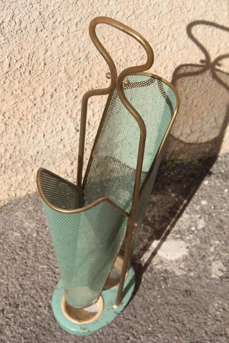 Old Umbrella Stand Mid-Century Italian Design Perforated Metal Brass Gold Green 3