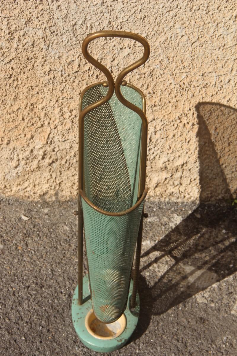Old Umbrella Stand Mid-Century Italian Design Perforated Metal Brass Gold Green 4