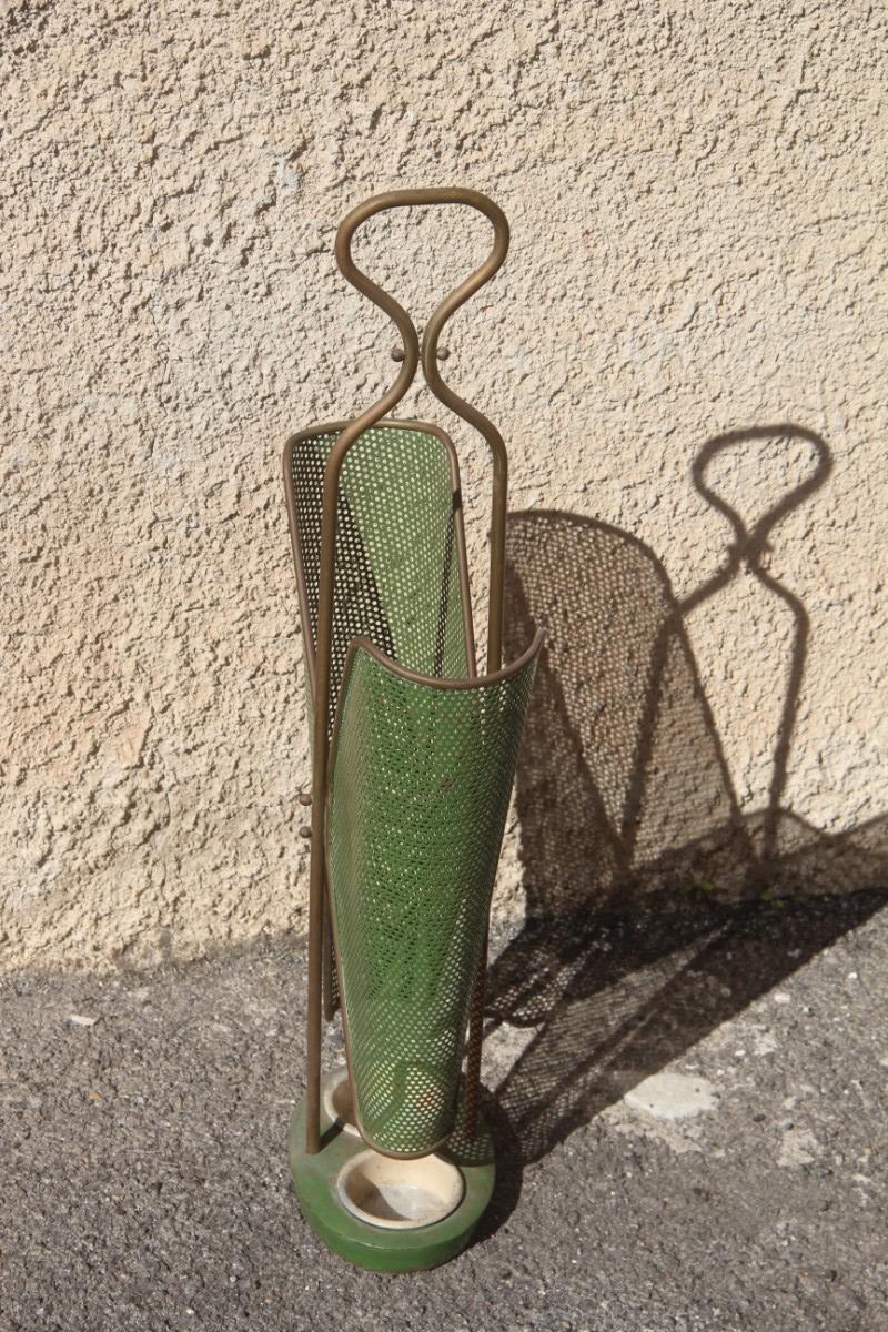 Old Umbrella Stand Midcentury Italian Design Perforated Metal Brass Gold Green For Sale 1