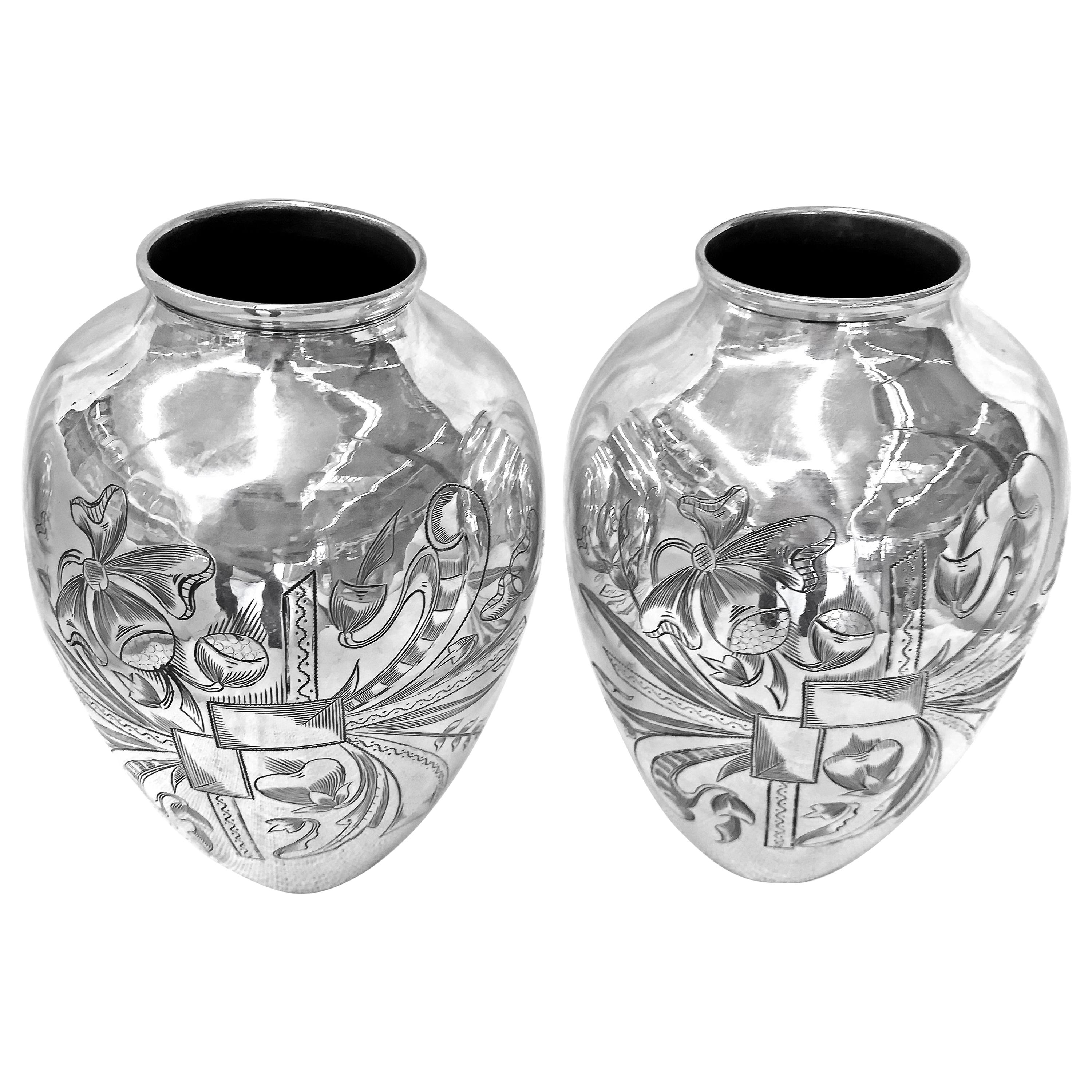 Old Unique Vase Hand Engraved Delicately, One Pair For Sale