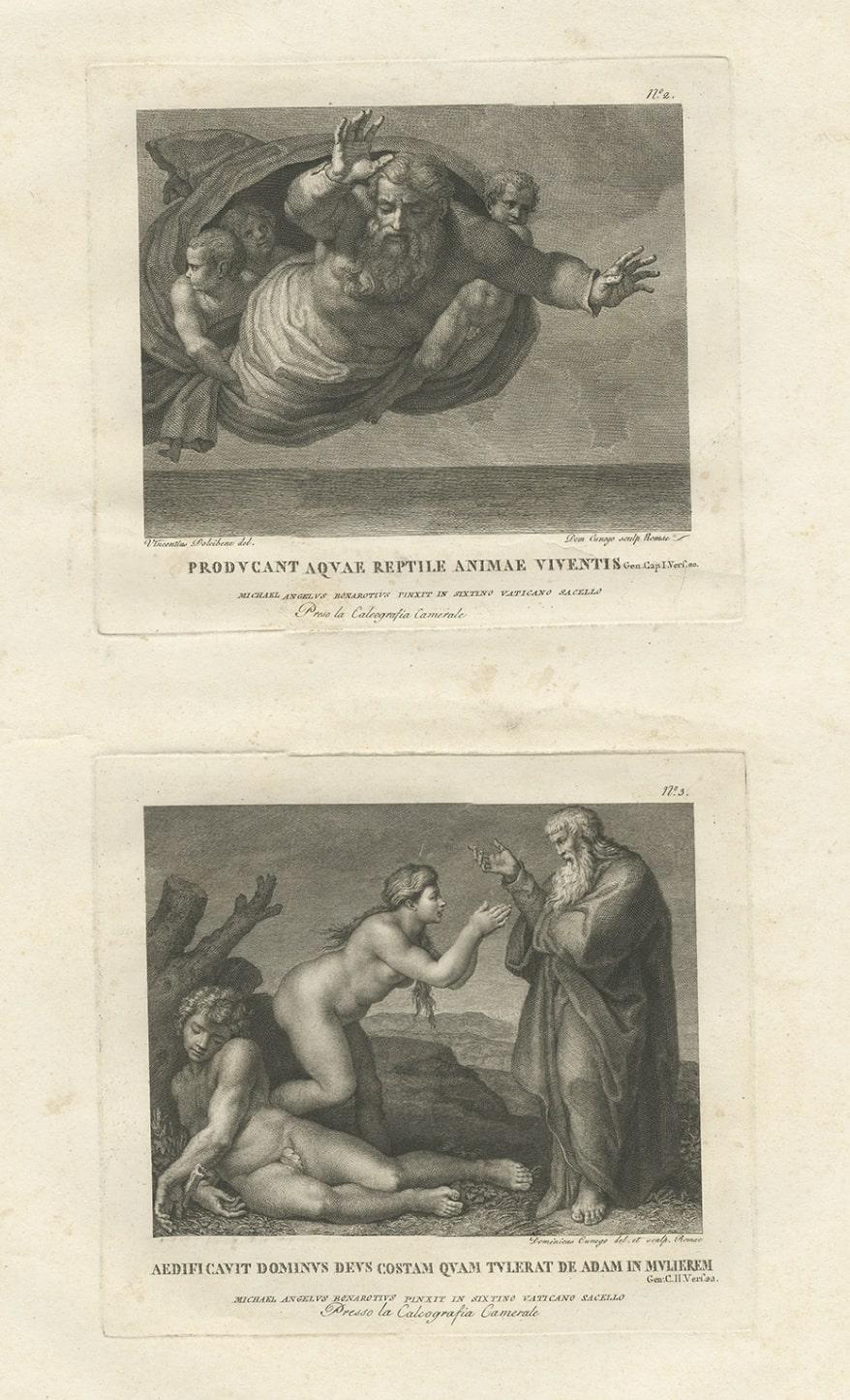 Antique print religion titled 'Producant Aquae Reptile Animae Viventis (..)'. 

This print depicts the seperation of Land from Sea and the Creation of Eve. Originates from 'Frescoes in the Sistine Chapel'. 

The Sistine Chapel is a chapel in the