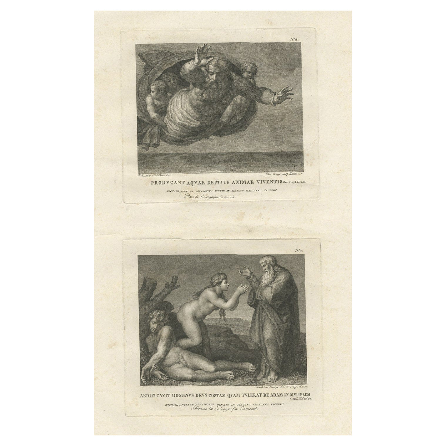 Old Vatican Frescoes ; Separation of Land from Sea & The Creation of Eve, vers 1780