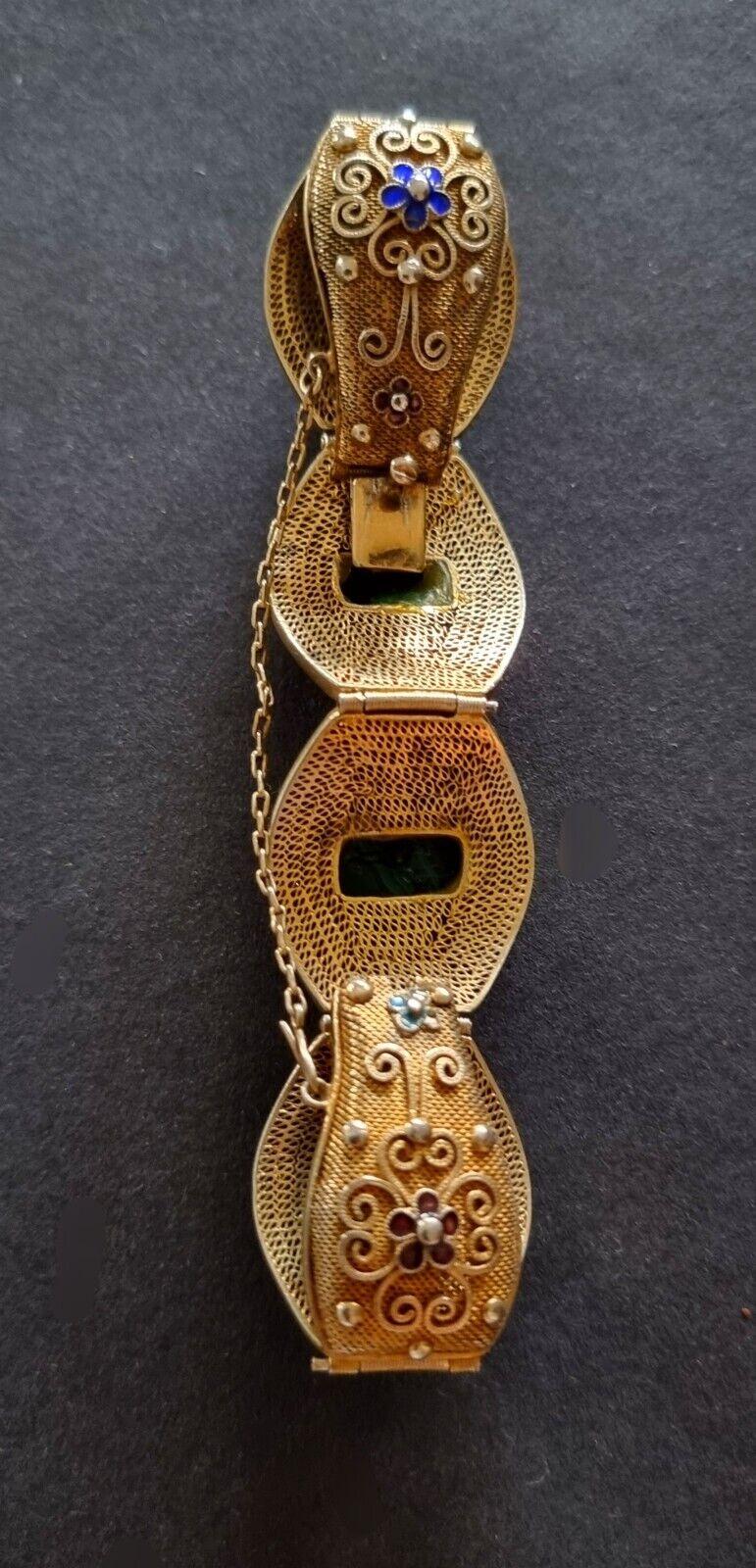 Oval Cut Old Vermeil Bracelet, Malachites, Old Chinese silver filigree enameled Bracelet