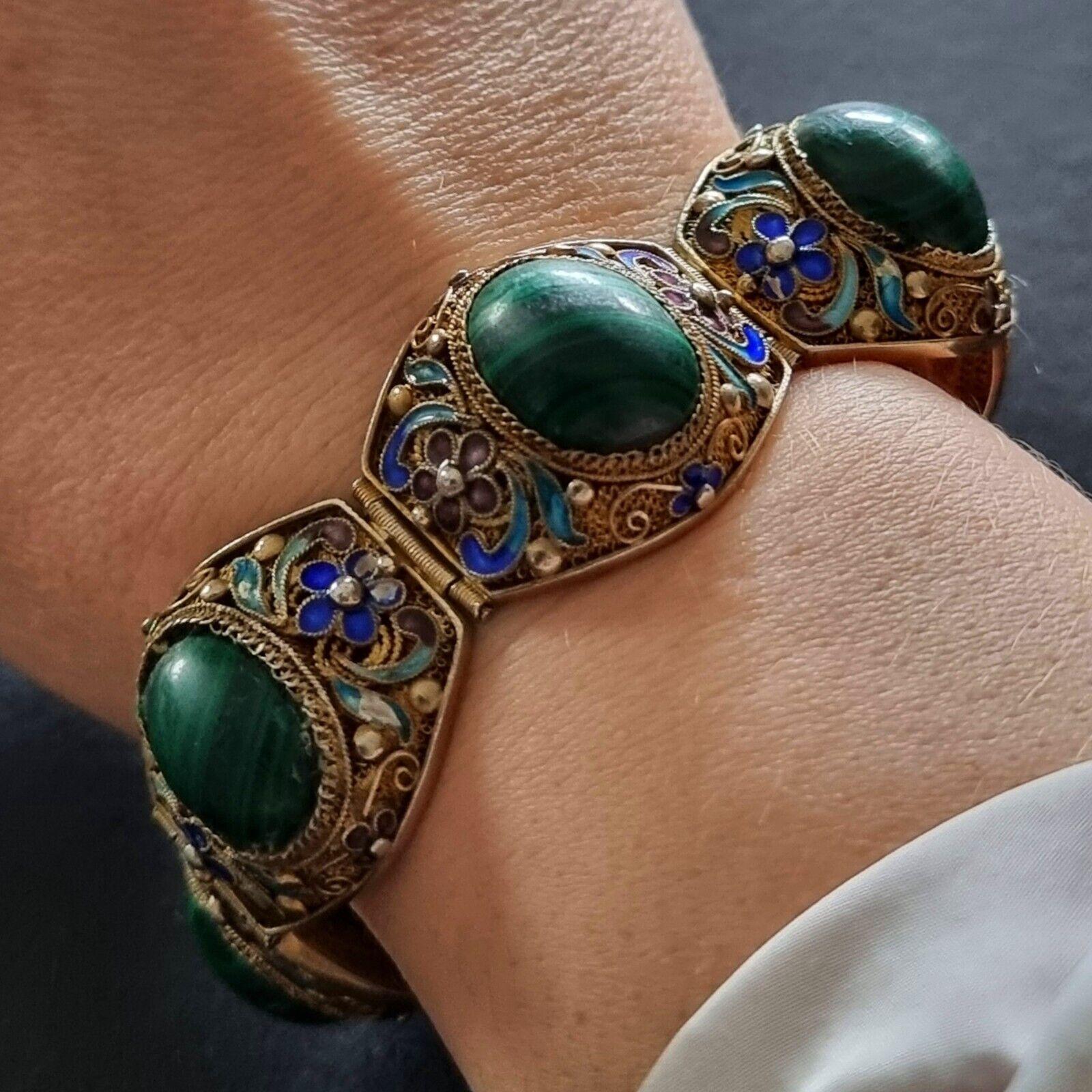 Women's Old Vermeil Bracelet, Malachites, Old Chinese silver filigree enameled Bracelet