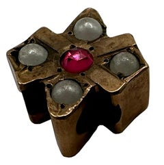 Old Victorian Chain Slide with 4 Seed Pearls and Pink Stone