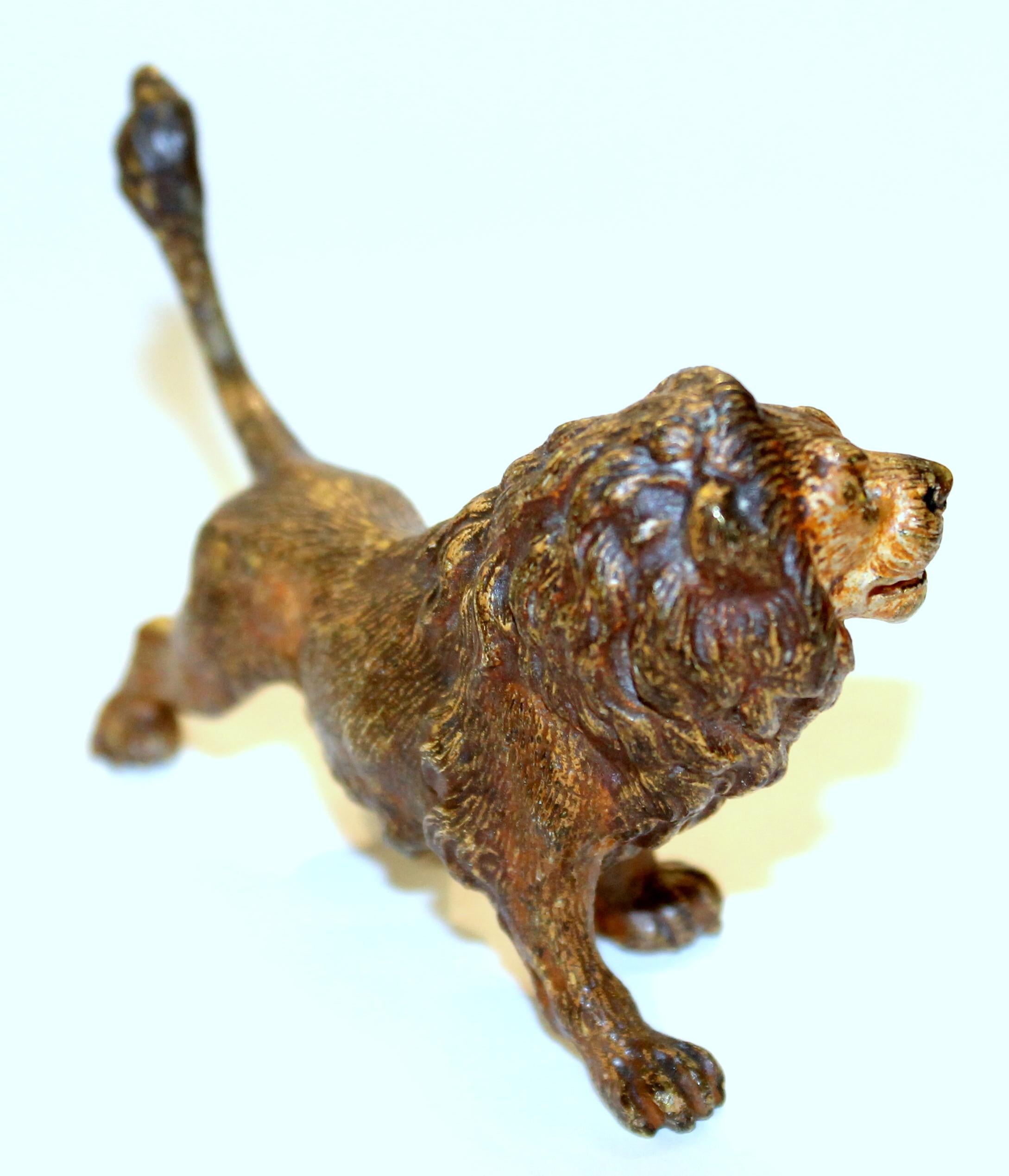 Ancienne figurine en bronze peint à froid de Vienne représentant un petit lion, signée Franz Bergmann Bon état - En vente à Charleston, SC