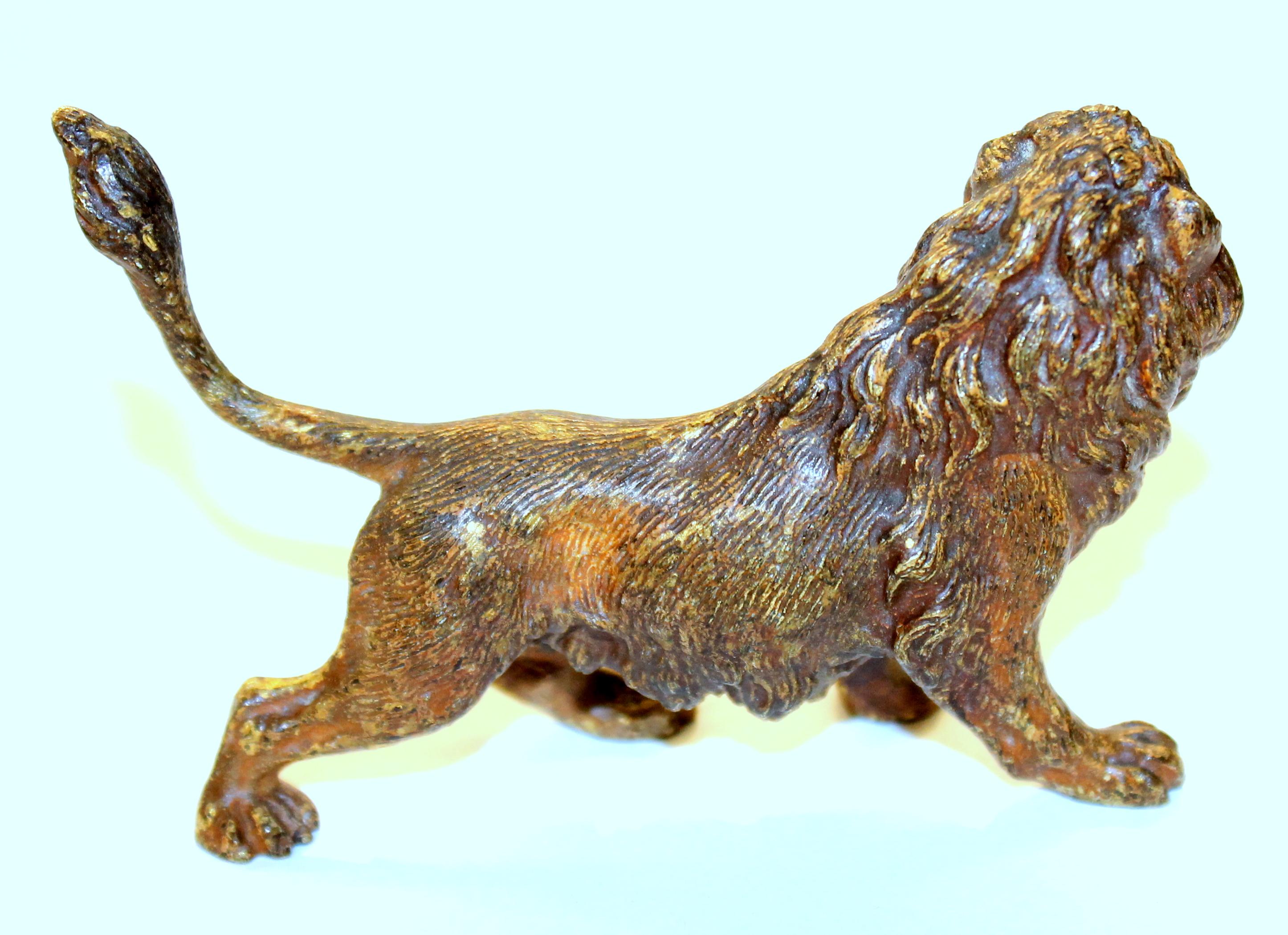Austrian Old Vienna Cold Painted Bronze Figure of a Small Lion, Signed Franz Bergmann For Sale