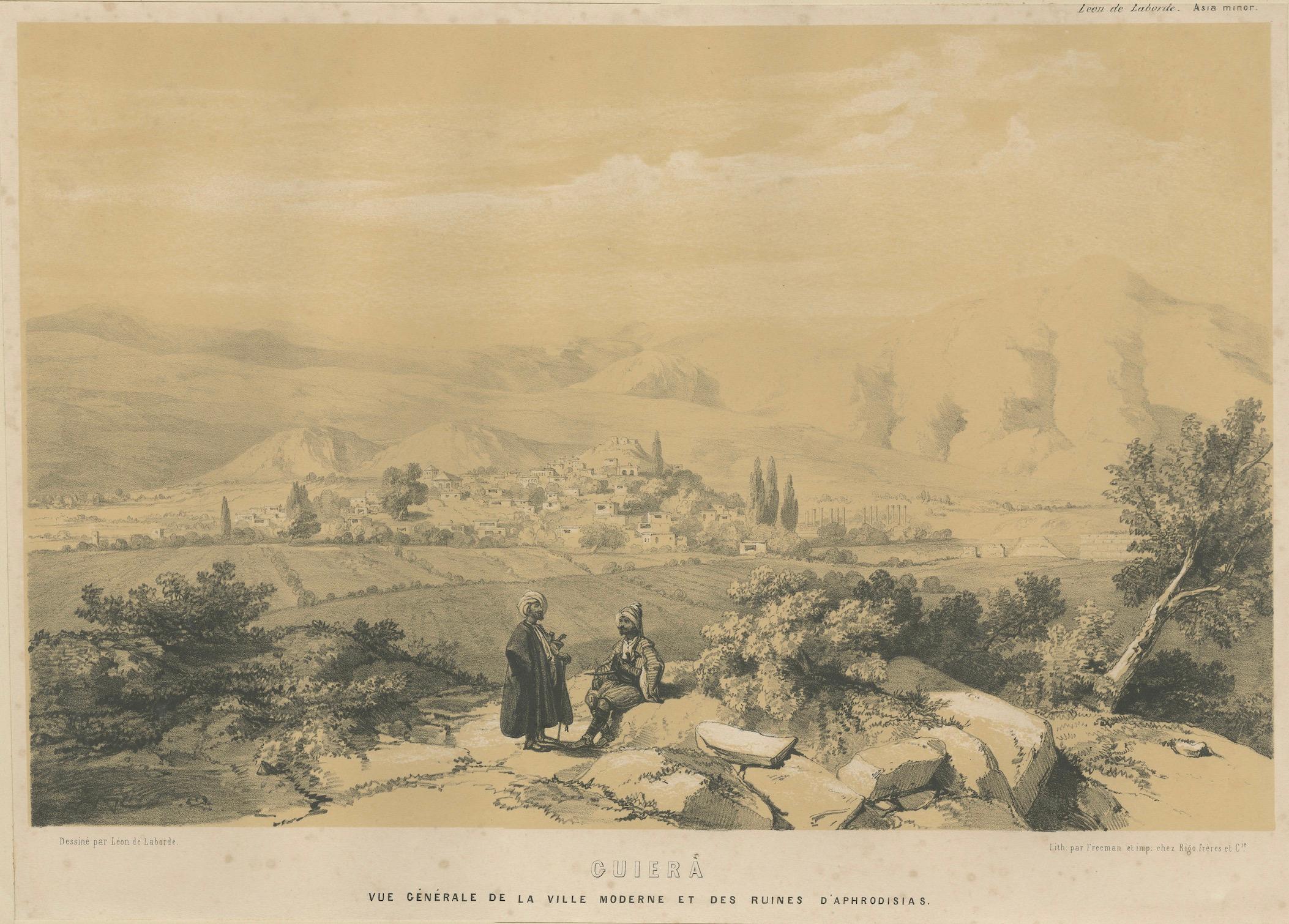 Vue ancienne du Geyre (ancienne Aphrodisias) - Lithographie de Louis de Laborde, vers 1840 en vente 1