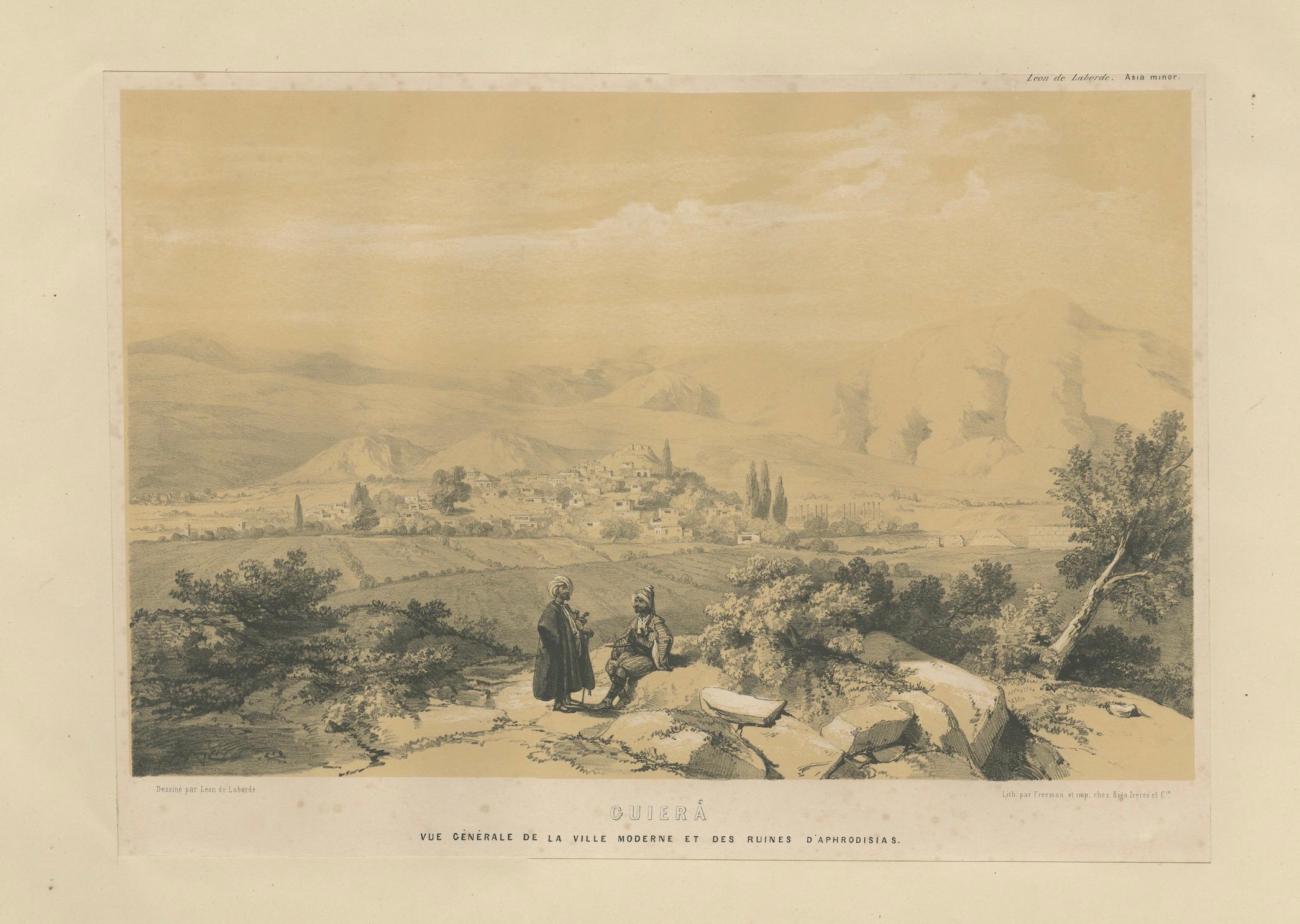 Vue ancienne du Geyre (ancienne Aphrodisias) - Lithographie de Louis de Laborde, vers 1840 en vente 2