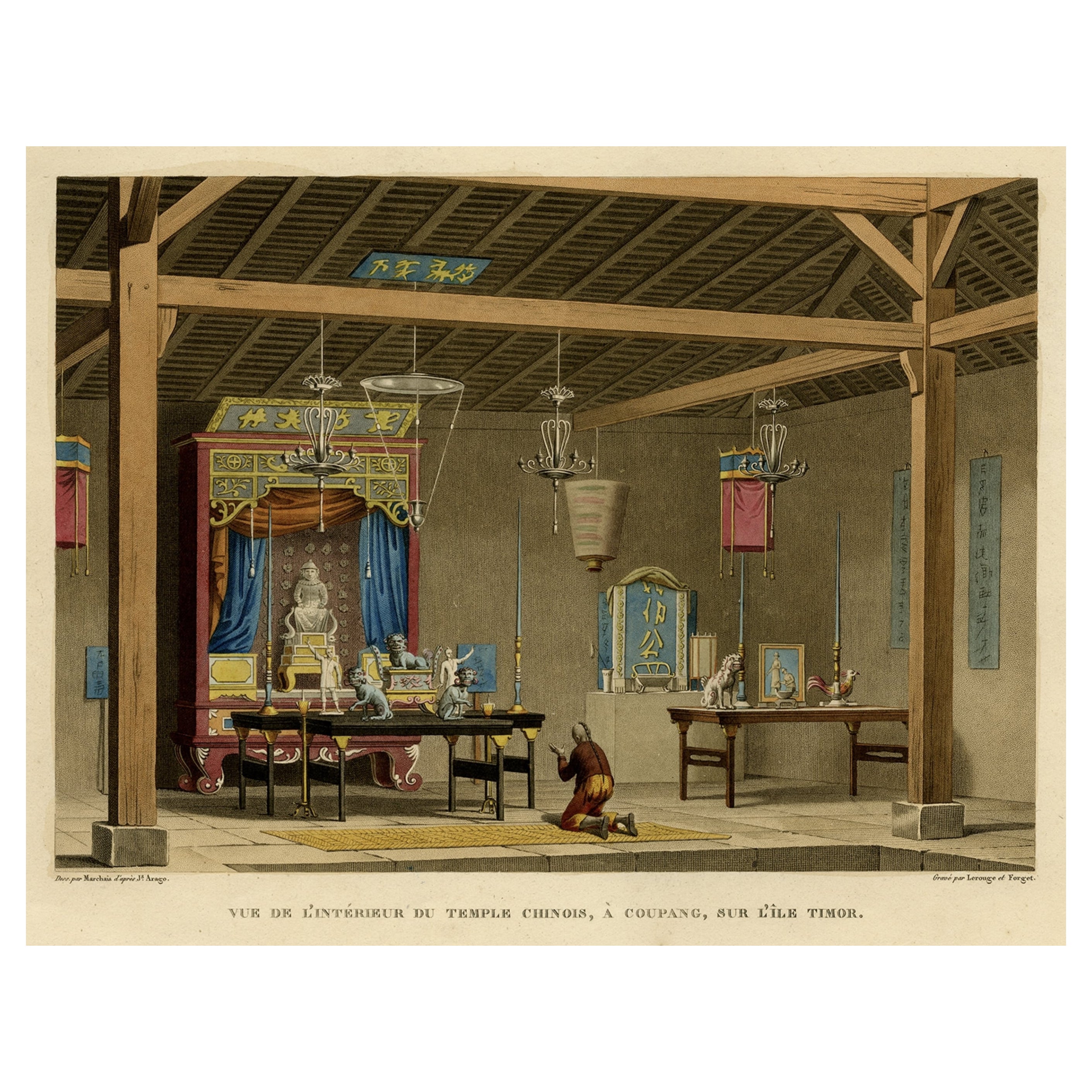 Alte Ansicht des Innenraums des chinesischen Tempels von Coupang oder Kupang, Timor, 1825 im Angebot