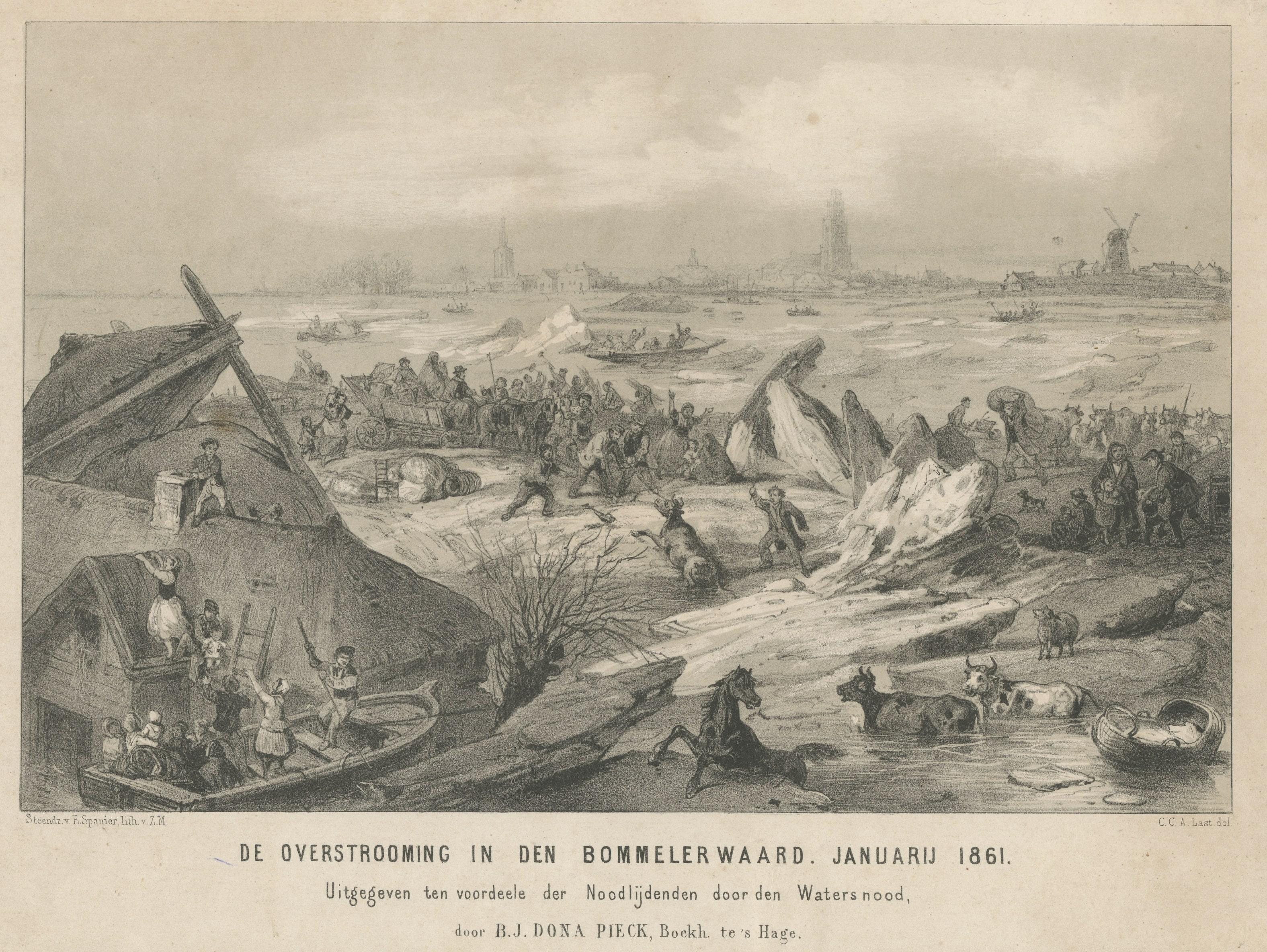 Antique print titled 'De Overstrooming in den Bommelerwaard, Januarij 1861'. 

View of the floods in Bommelerwaard, the Netherlands. 

Artists and Engravers: Engraved by C.C.A. Last. Published by B.J. Dona Pieck.