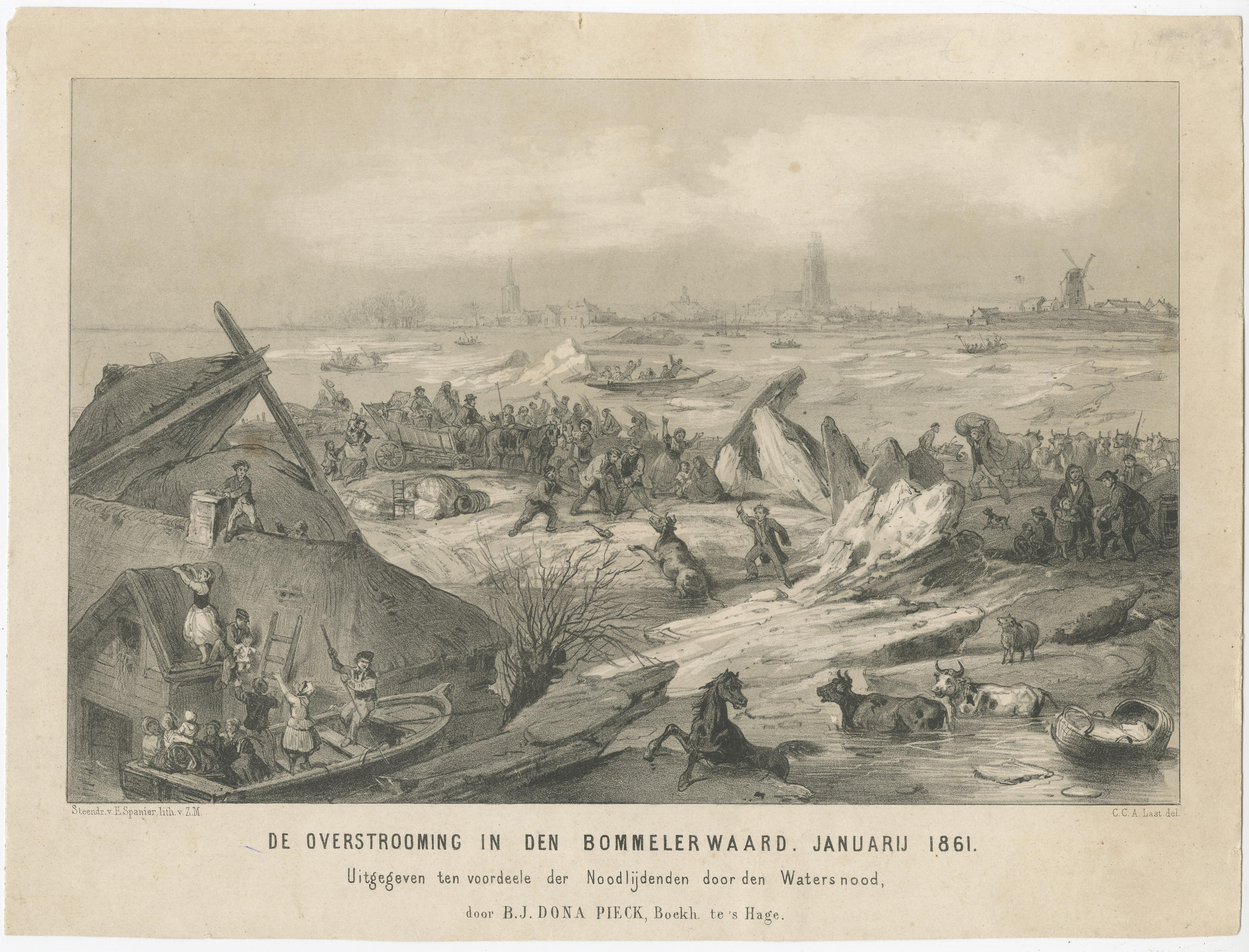 Old View of the January 1851 Floods in Bommelerwaard, the Netherlands, 1861 In Good Condition For Sale In Langweer, NL