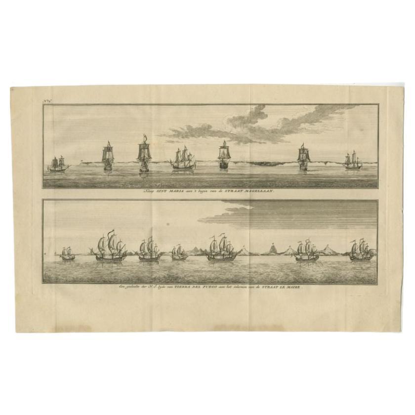 Antique print titled 'Kaap Sint Maria aan 't begin van de Straat Magellaan (..)'. Coastal views of Cabo Santa Maria and Tierra del Fuego on the Argentina coast with the ships that were part of the voyage of George Anson around the world. This print