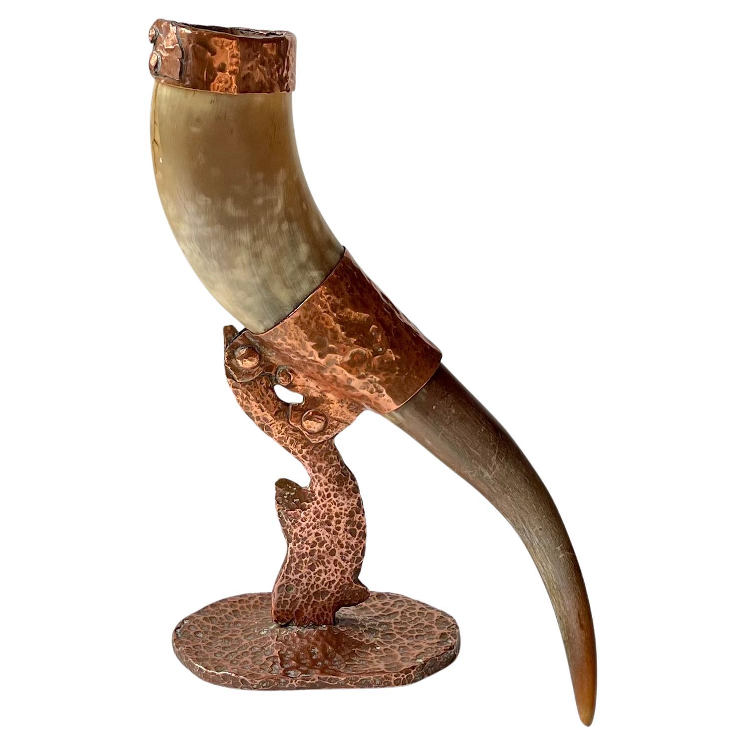 Old Viking Drinking Horn on Sculptural Copper Stand For Sale
