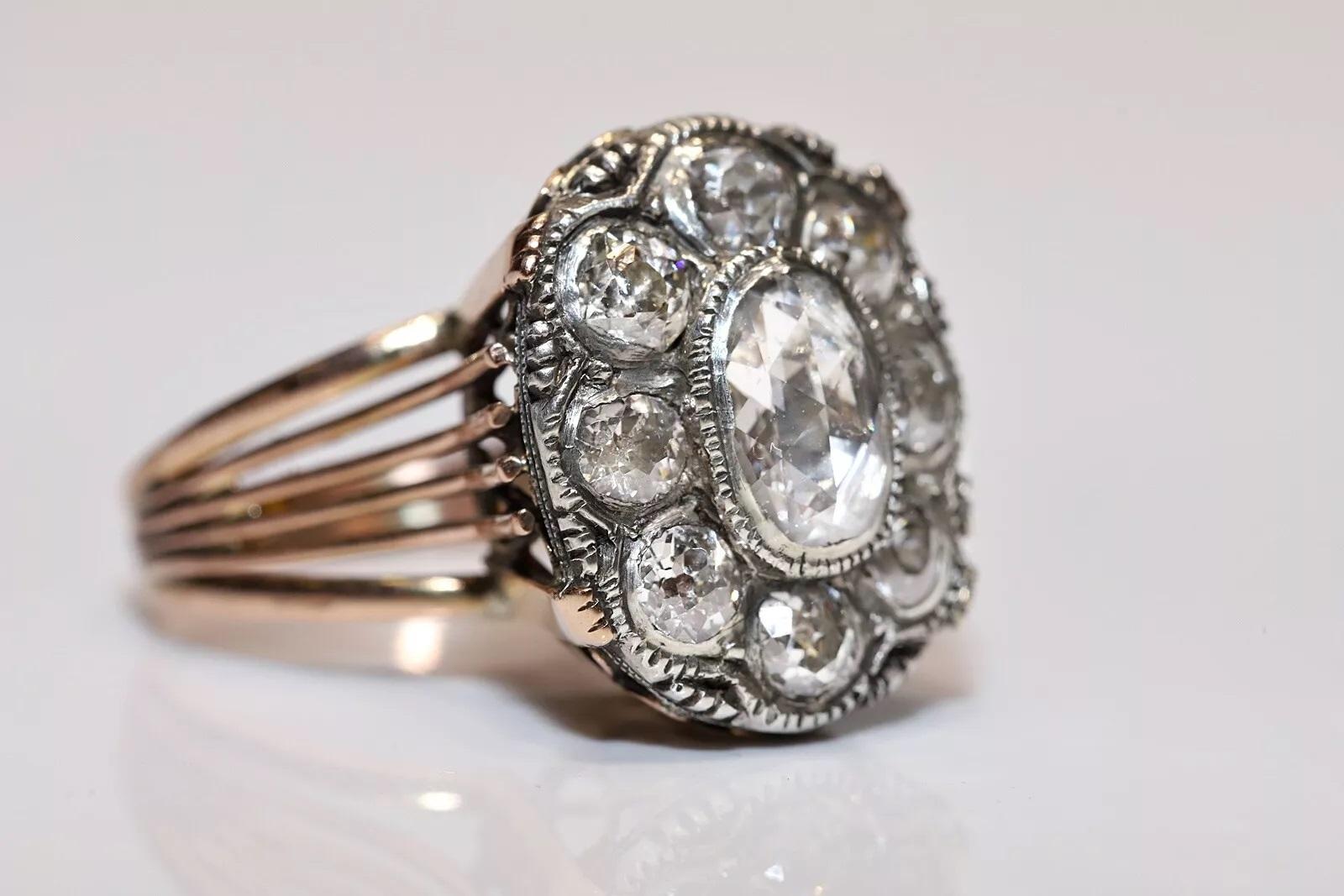 Antiguo Vintage 14k Oro Superior Plata Natural Diamante Decorado Anillo Tanque Fuerte Talla antigua en venta