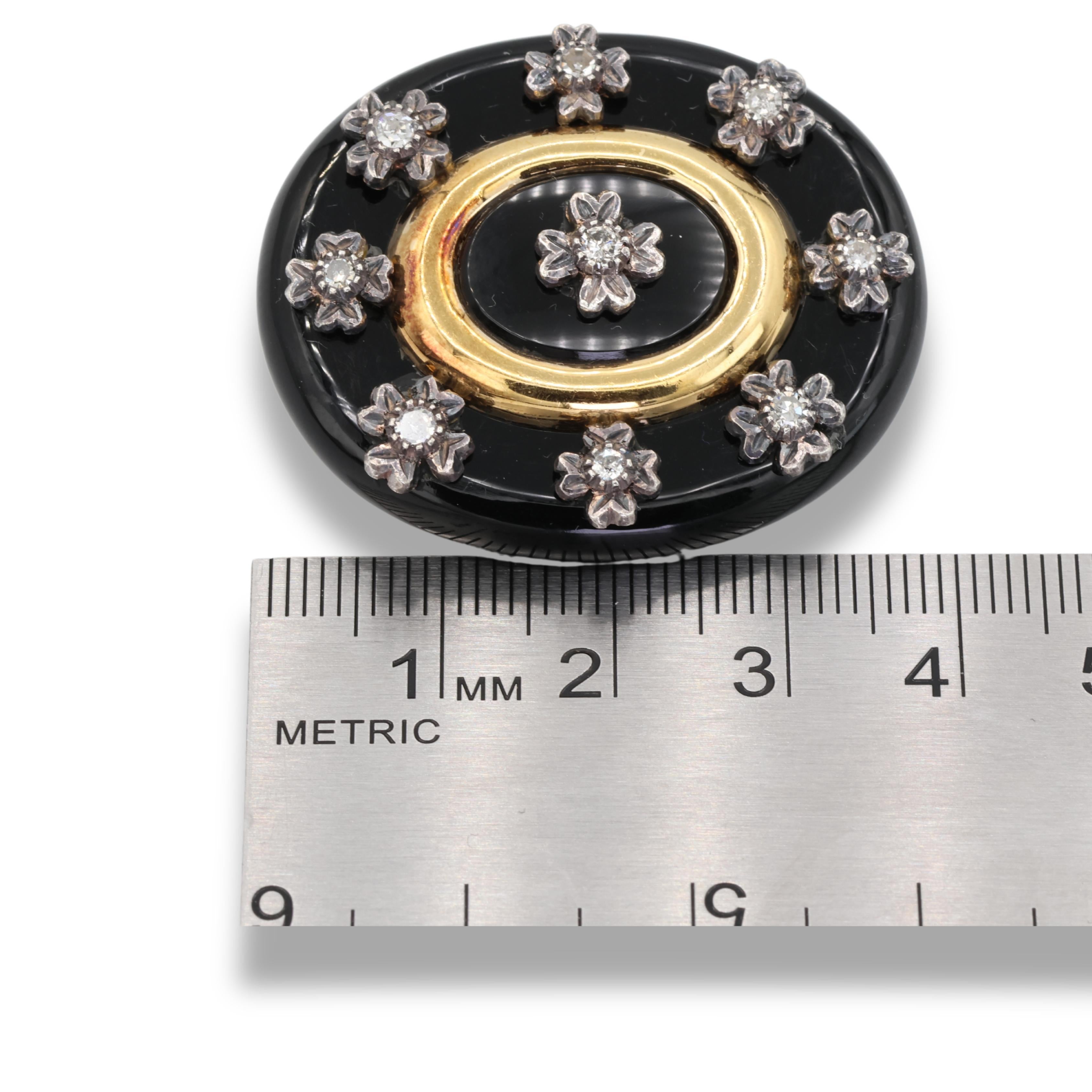 Antiguo broche vintage de ónix ovalado negro de 40 qt con diamante natural en venta 4