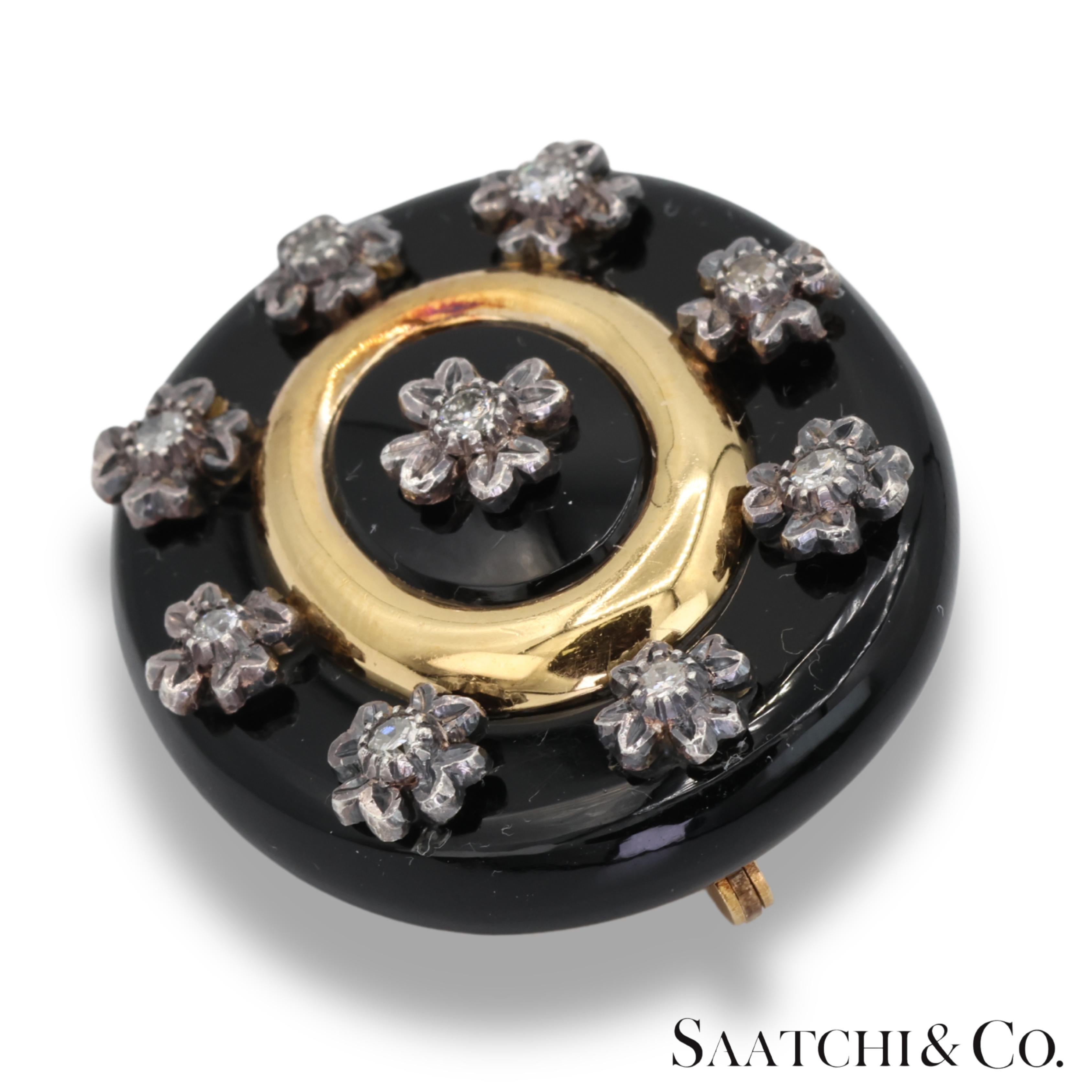 Antiguo broche vintage de ónix ovalado negro de 40 qt con diamante natural Contemporáneo en venta