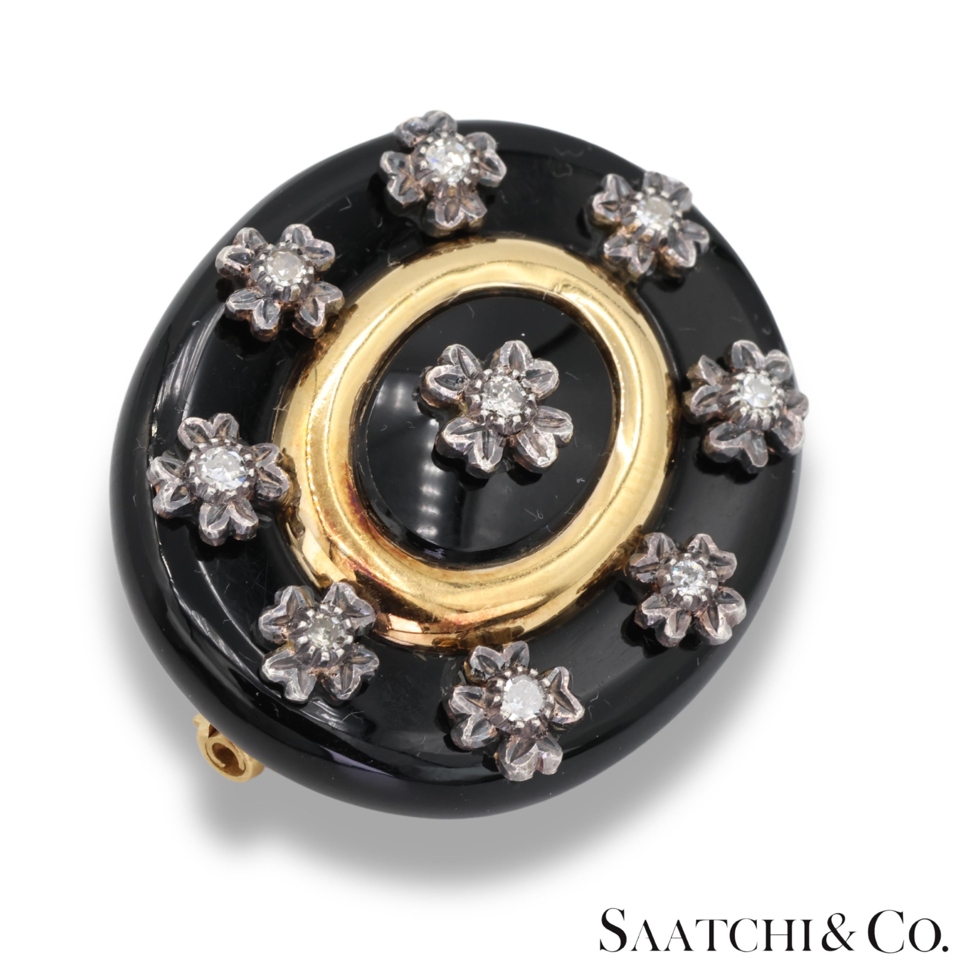 Antiguo broche vintage de ónix ovalado negro de 40 qt con diamante natural en venta 1