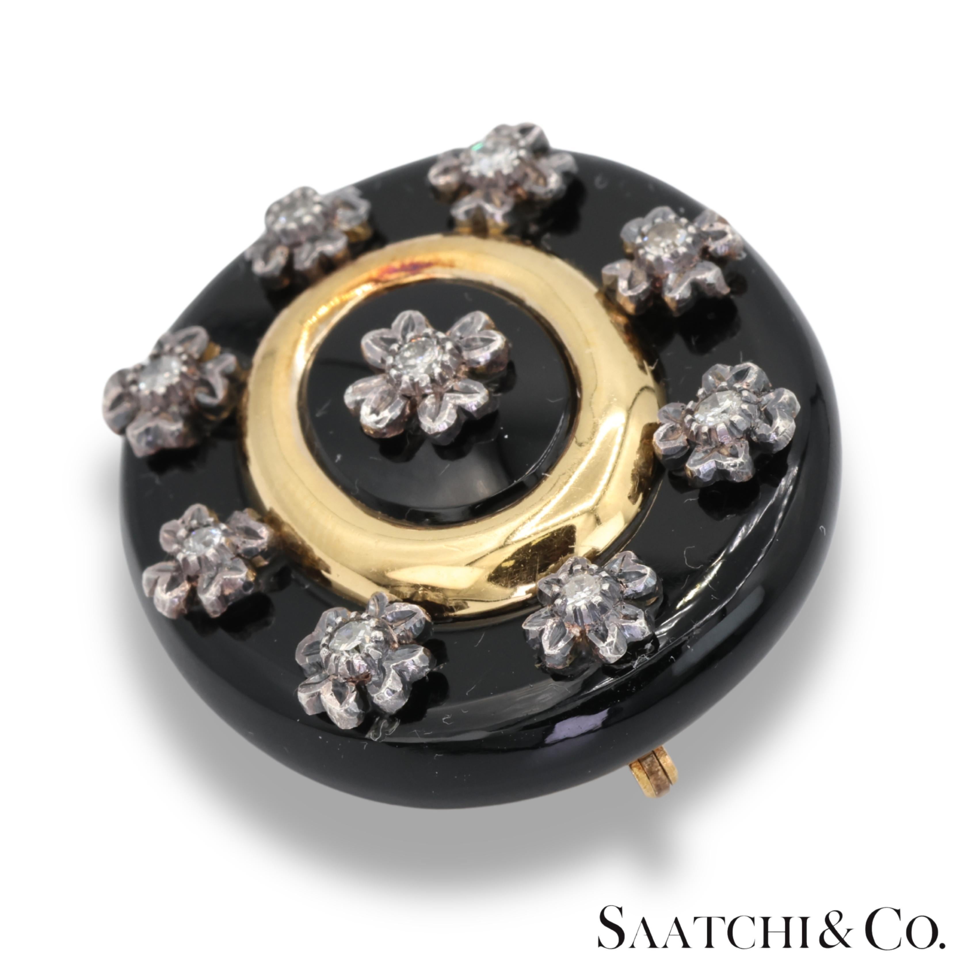 Antiguo broche vintage de ónix ovalado negro de 40 qt con diamante natural en venta 2