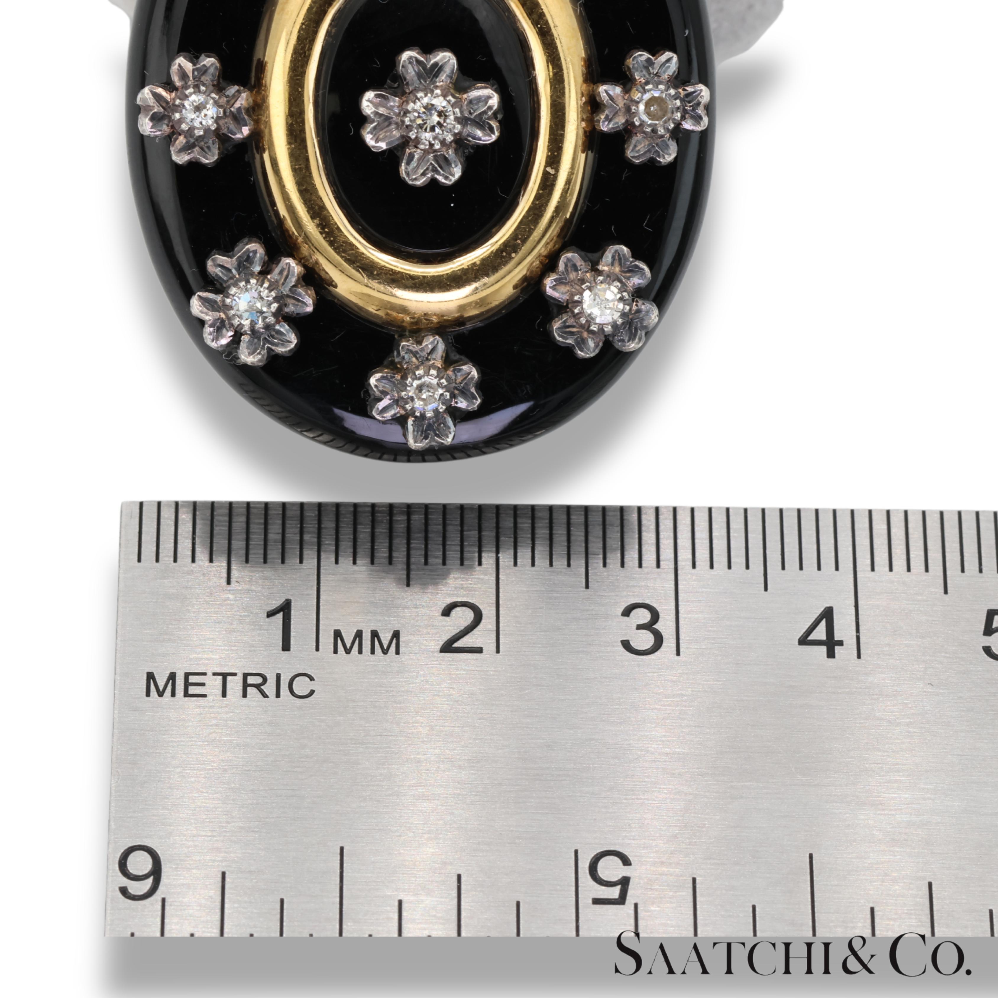 Antiguo broche vintage de ónix ovalado negro de 40 qt con diamante natural en venta 3