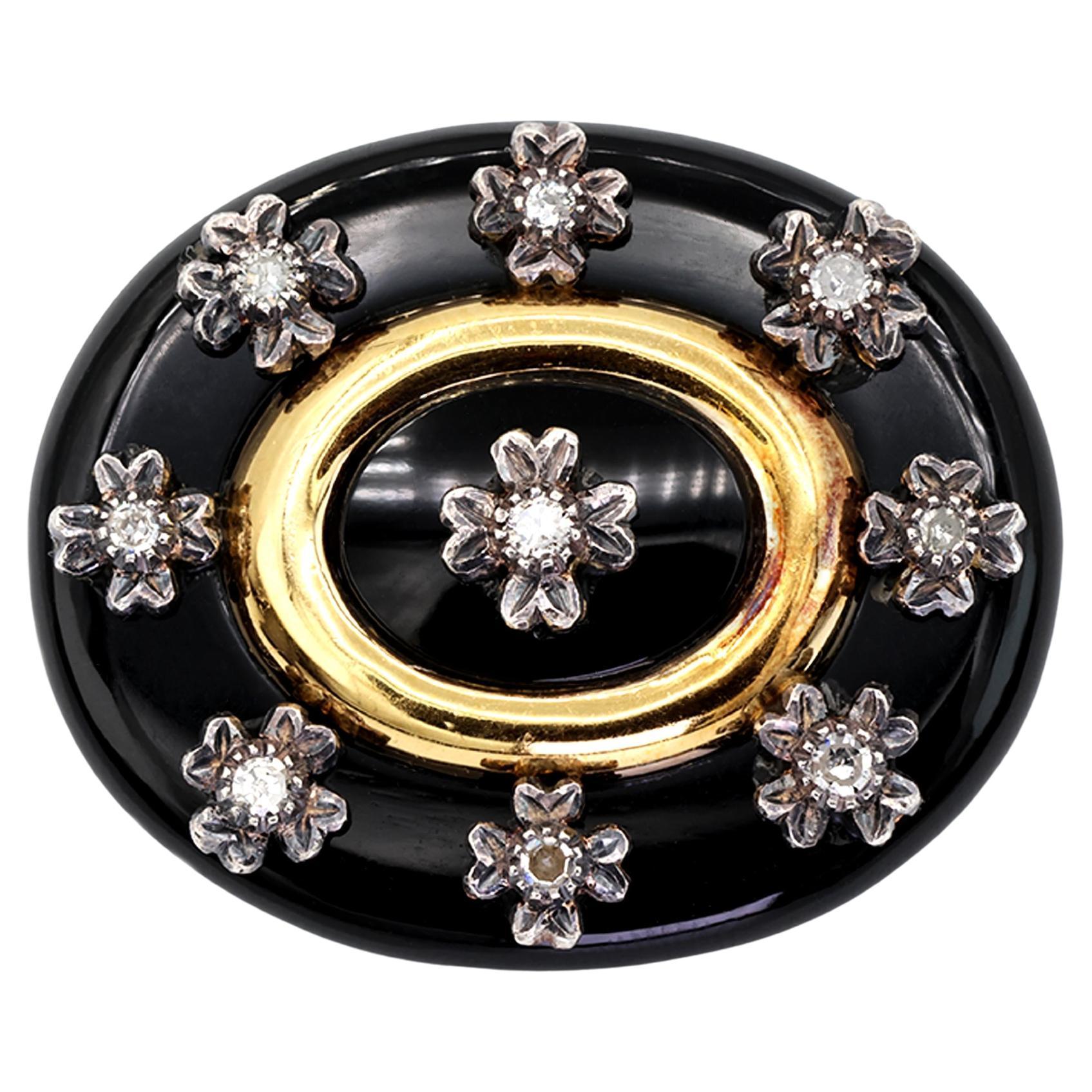 Antiguo broche vintage de ónix ovalado negro de 40 qt con diamante natural
