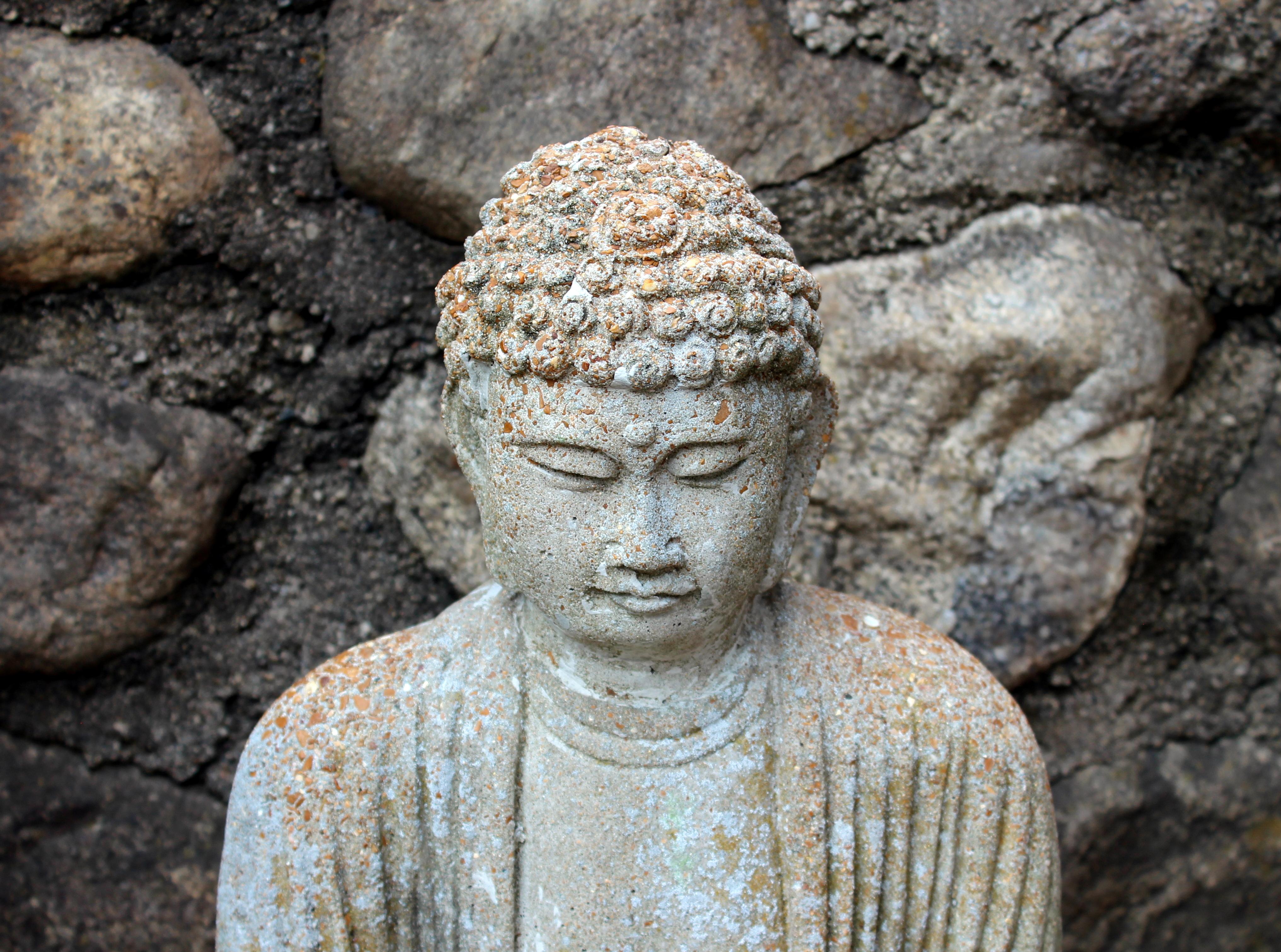 Old cement meditating Buddha, circa late 20th century. Nicely modeled in meditation pose with serene expression. Has some nice lichen and patina. Measures: 19