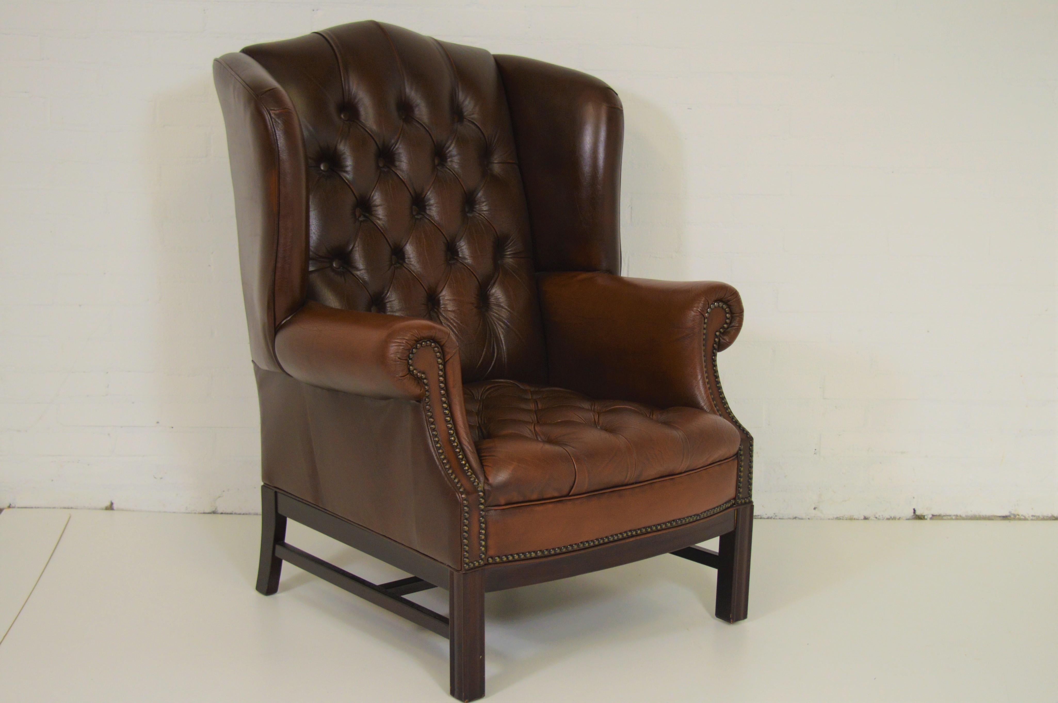 English Old Vintage Chesterfield Wing Chair Buttoned Seat For Sale