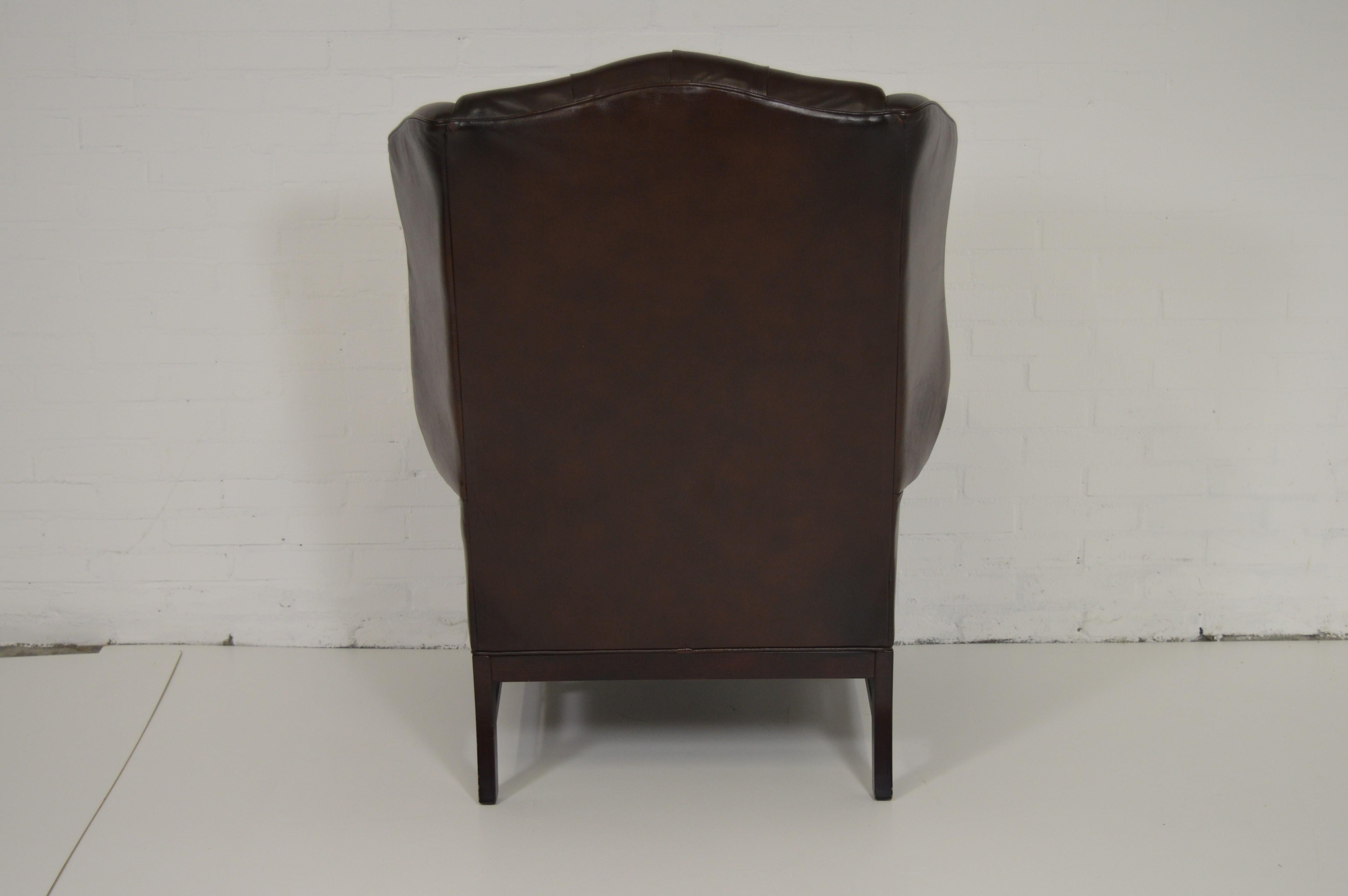 Old Vintage Chesterfield Wing Chair Buttoned Seat In Distressed Condition For Sale In Eindhoven, NL