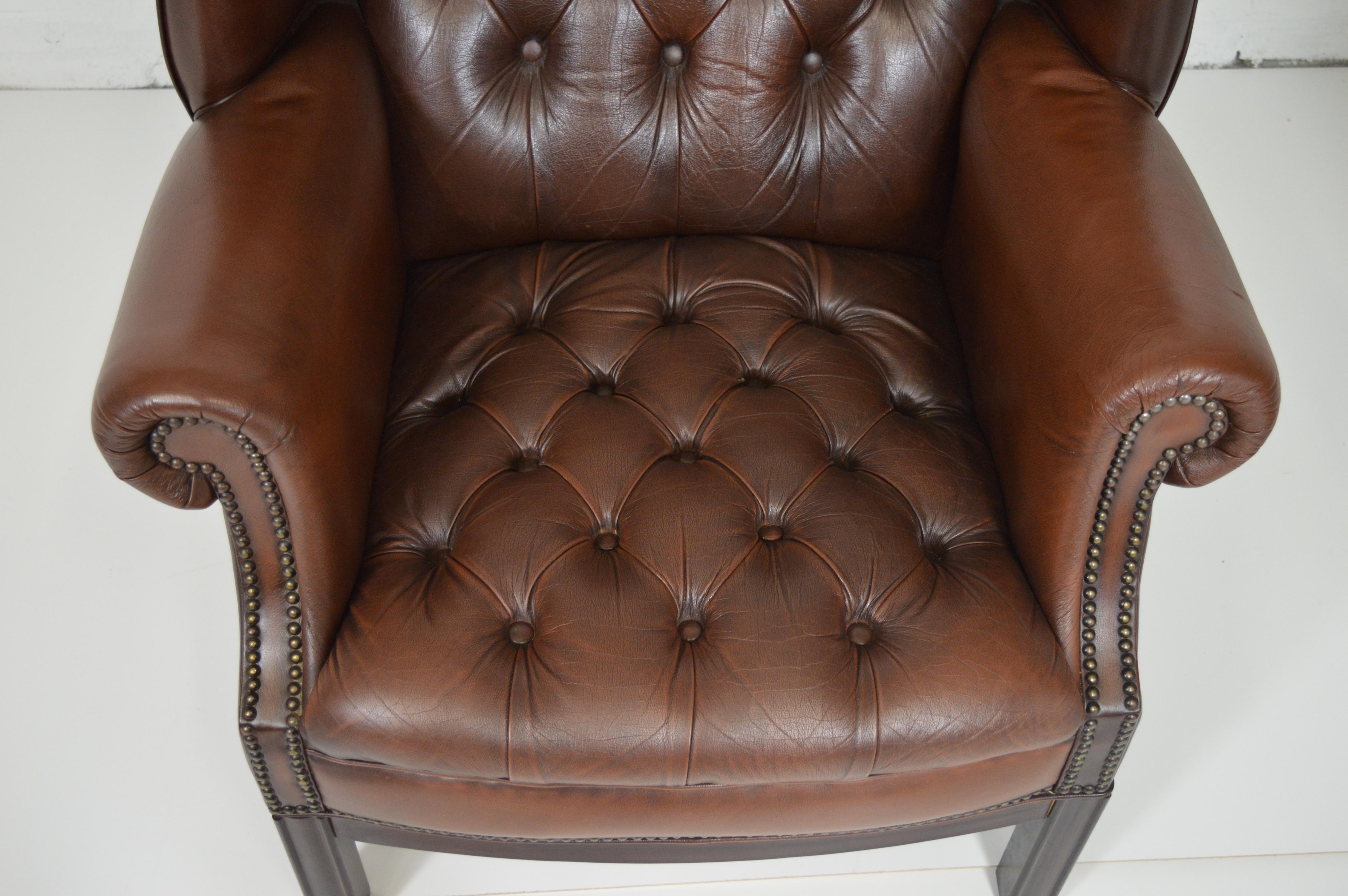 Mid-20th Century Old Vintage Chesterfield Wing Chair Buttoned Seat For Sale