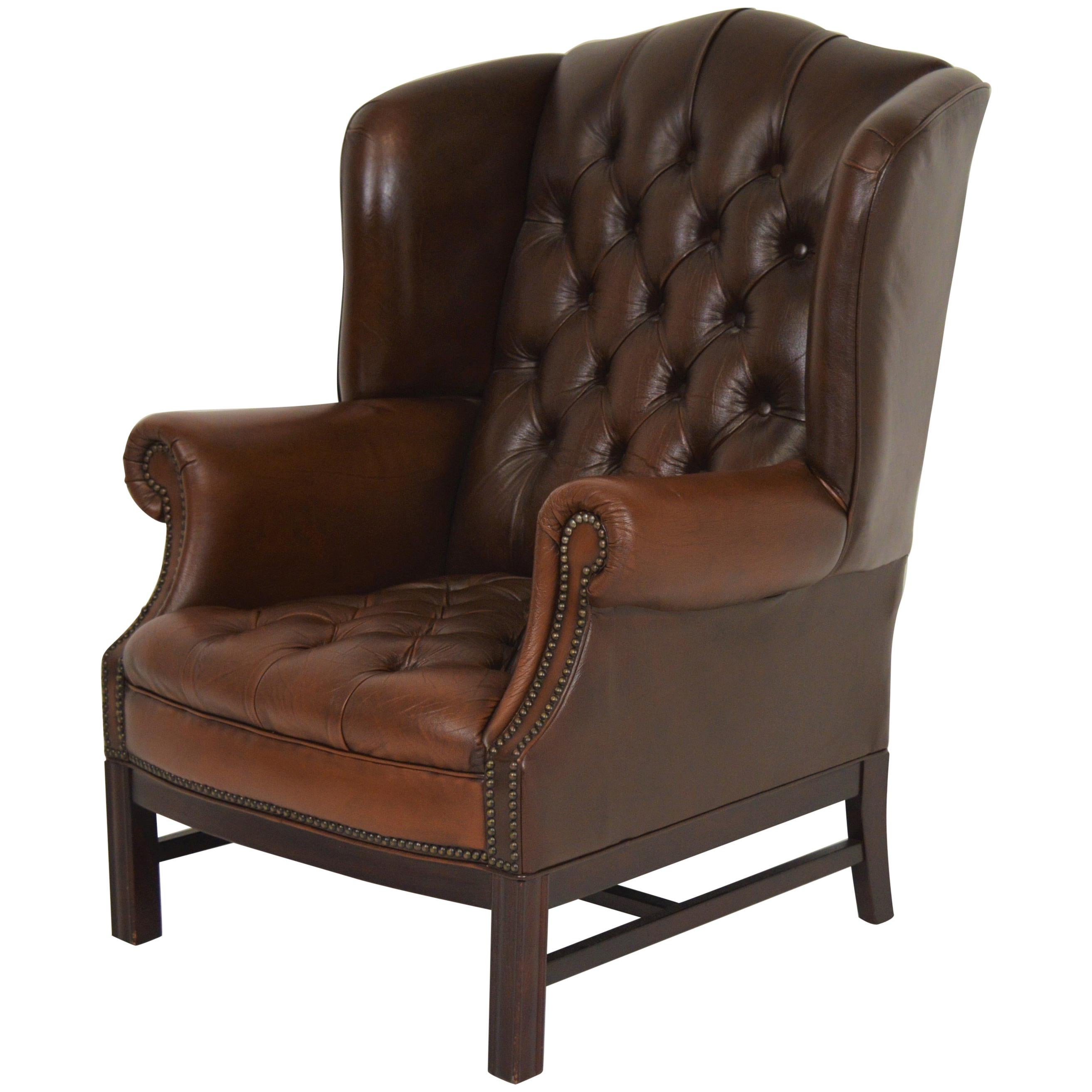 Old Vintage Chesterfield Wing Chair Buttoned Seat For Sale