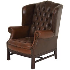 Old Vintage Chesterfield Wing Chair Buttoned Seat