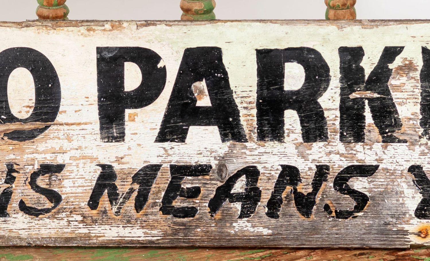 Folk Art Old Vintage Fun Wooden Hand Painted Sign 'No Parking' Decorative Wall Shelf Art For Sale