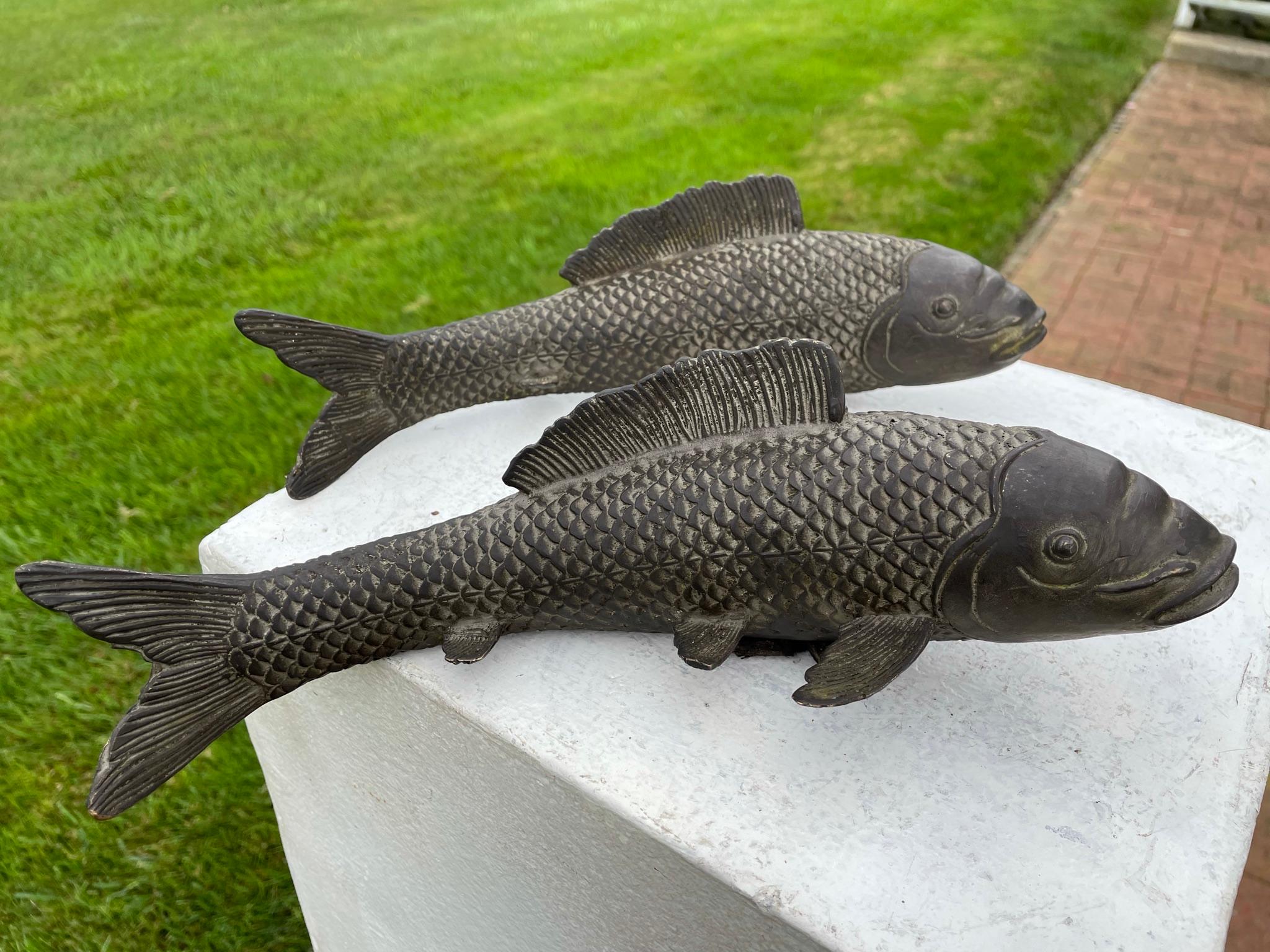 Cast Old Vintage Japanese Pair Large Bronze Koi Fish Fortune and Prosperity
