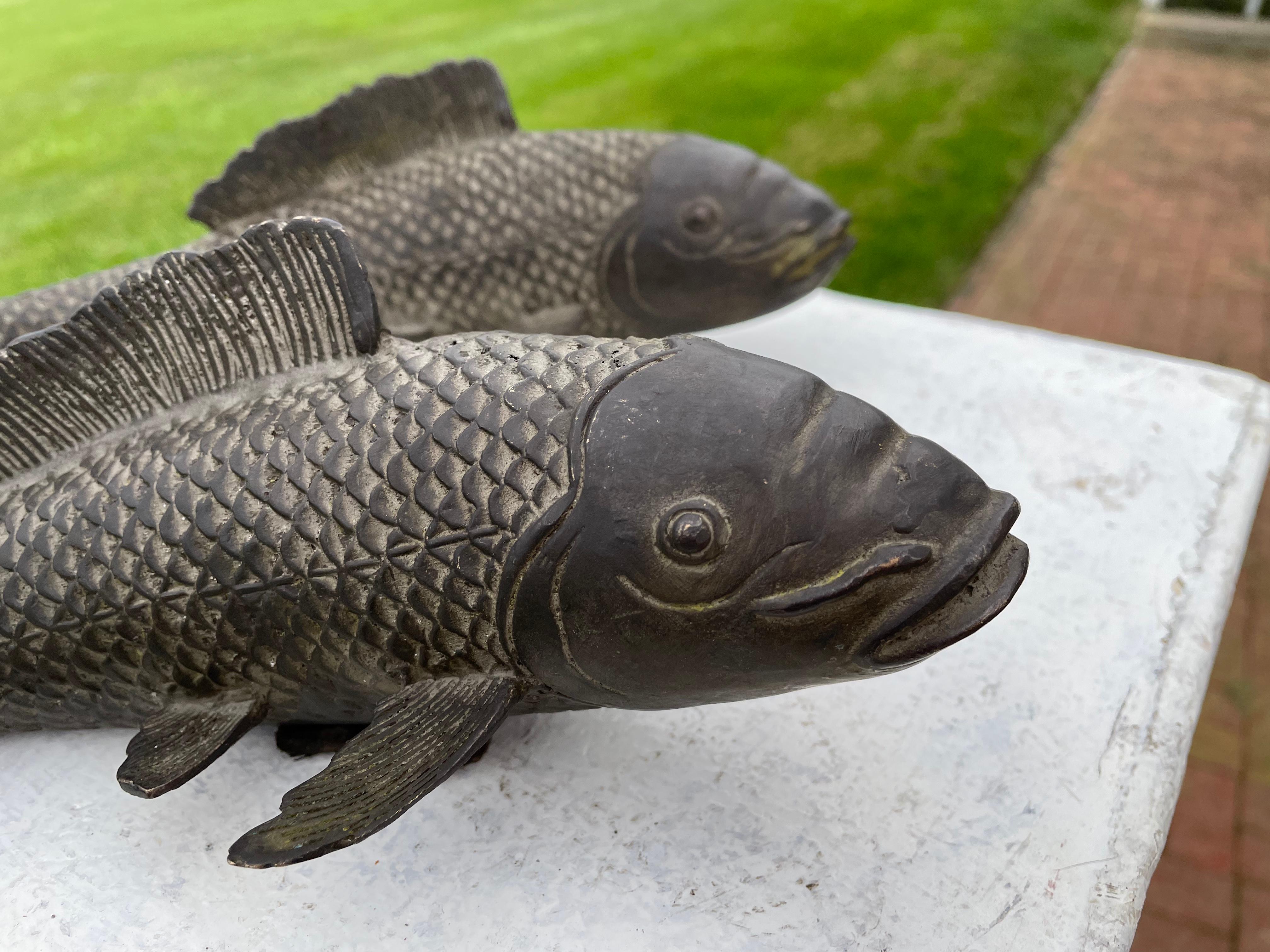 Old Vintage Japanese Pair Large Bronze Koi Fish Fortune and Prosperity In Good Condition In South Burlington, VT