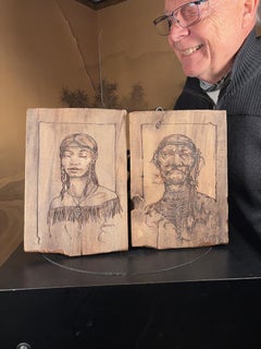 Old Vintage Pair Native American Folk Art Portraits Signed JP Macett