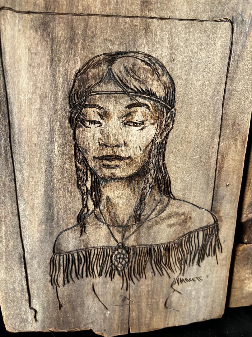 Wood Old Vintage Pair Native American Folk Art Portraits Signed JP Macett  For Sale