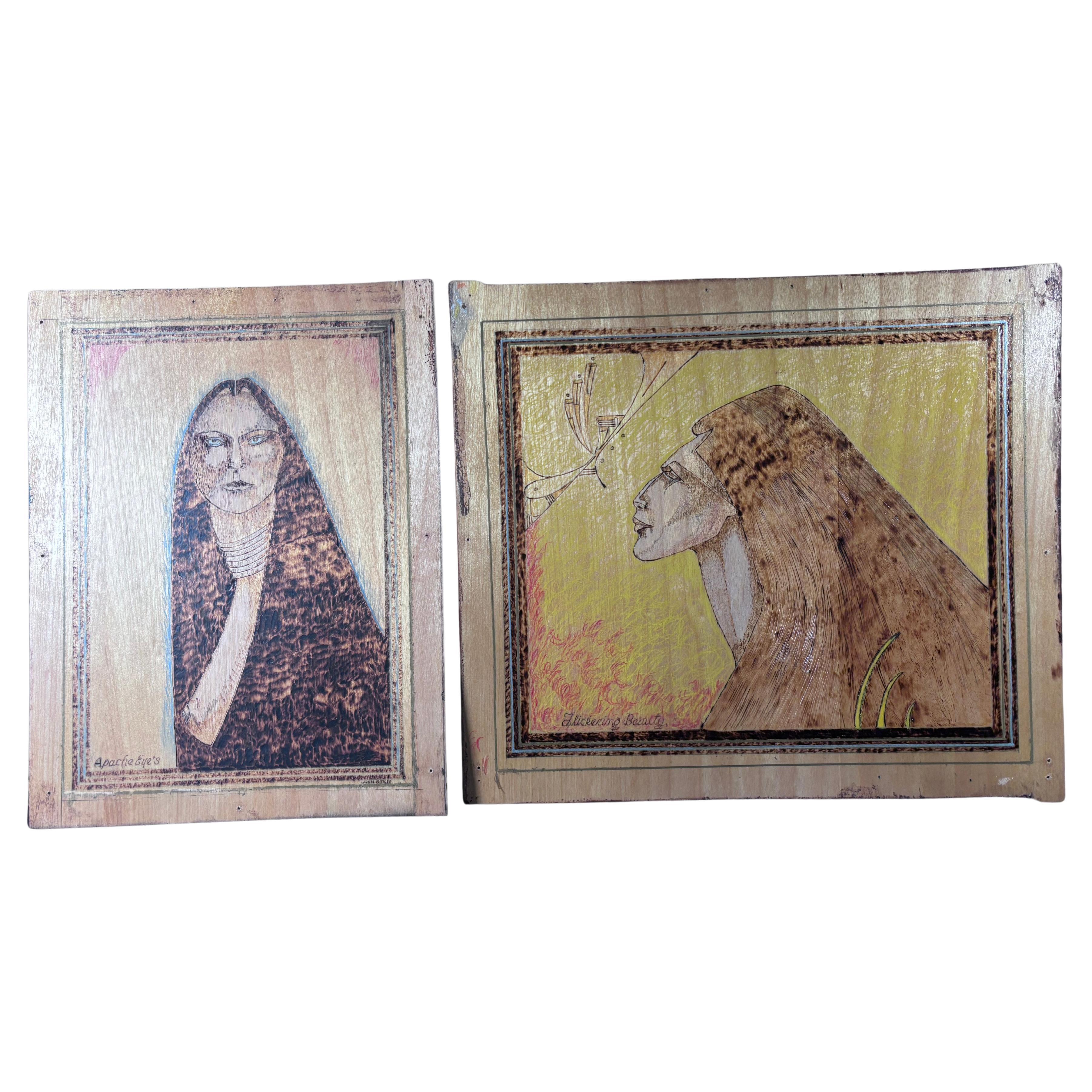 Antiguo par Vintage Native American Art Retratos populares Firmado JP Macett