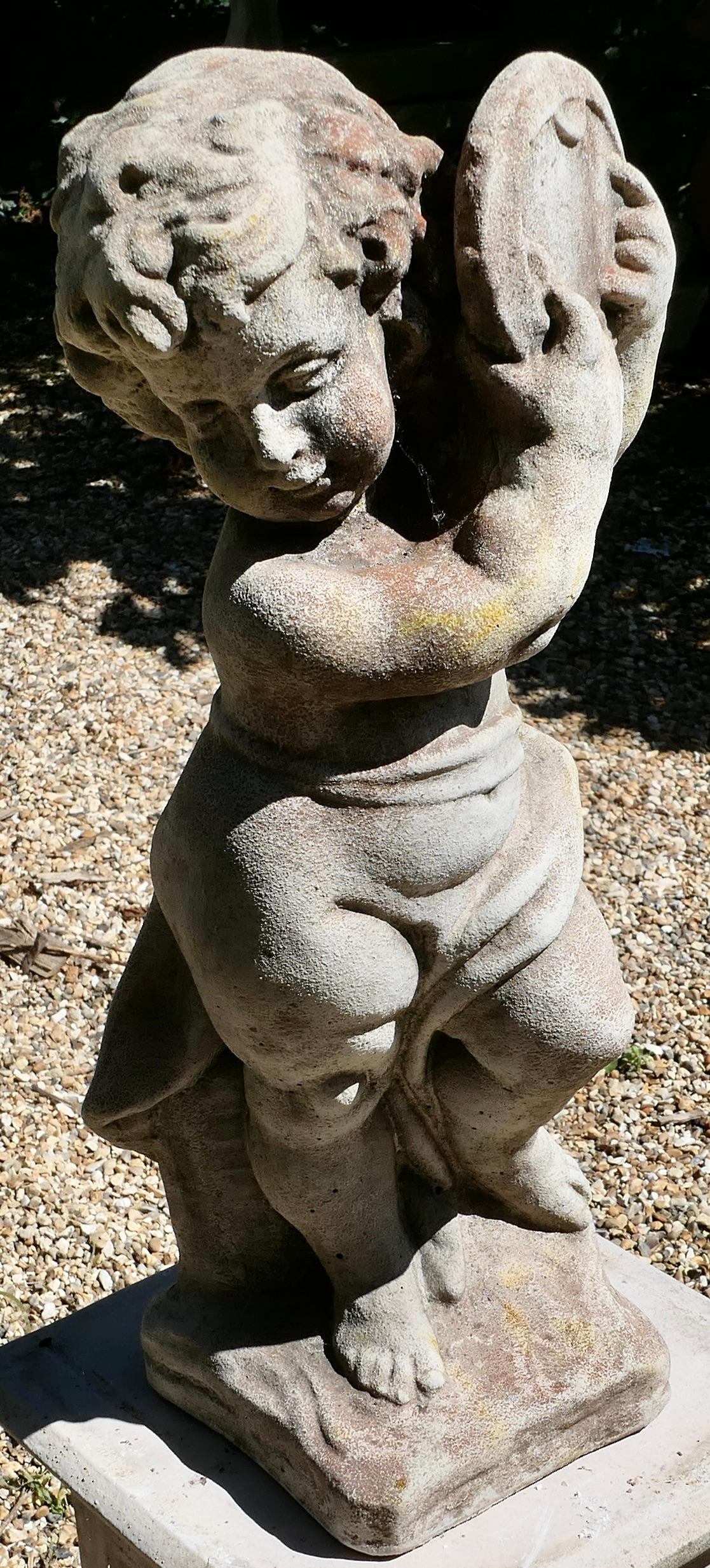 Old Weathered Statue of a Putti Playing Tambourine    In Good Condition For Sale In Chillerton, Isle of Wight