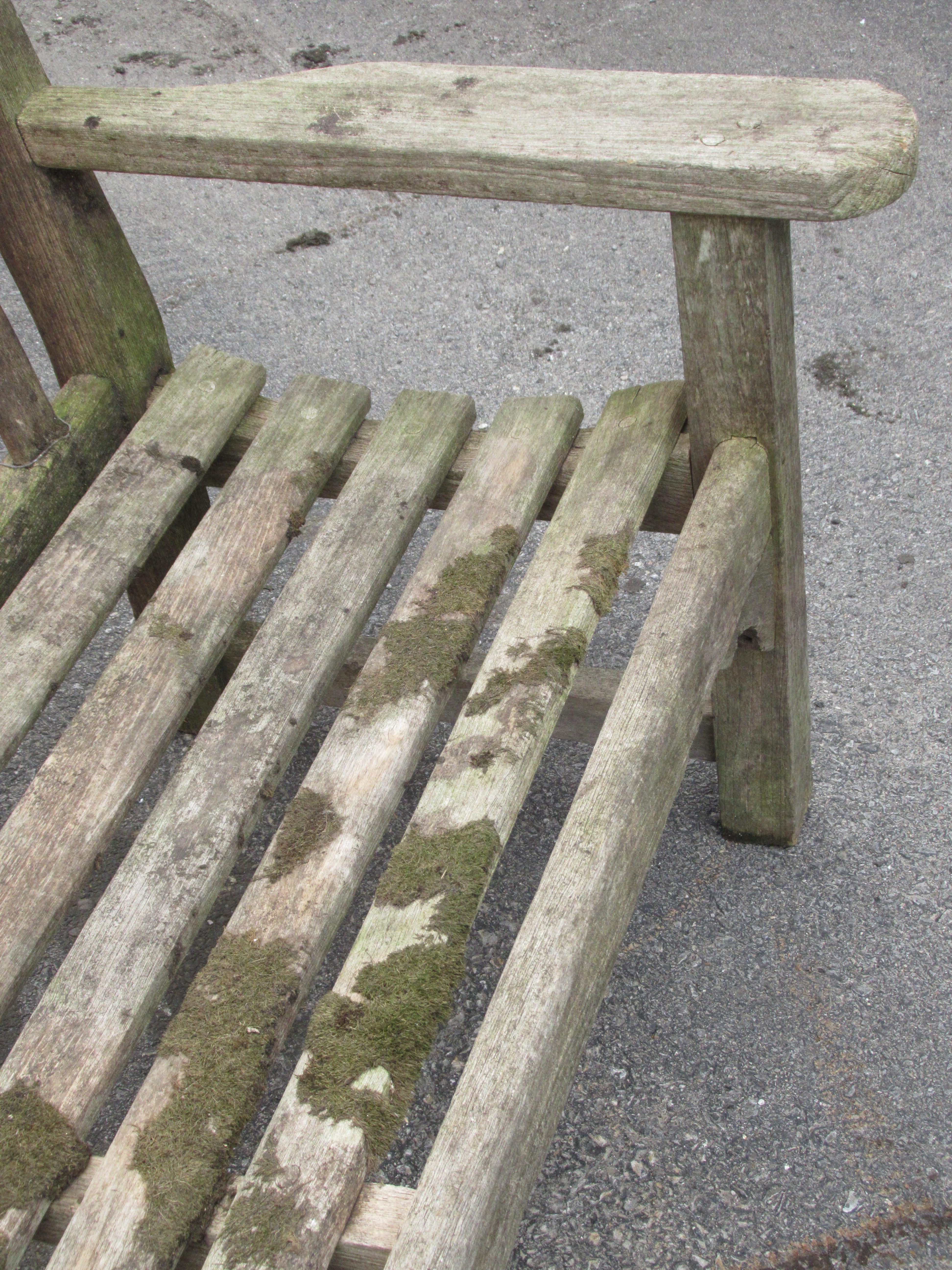 Old Weathered Teak Slat Back Long Garden Bench 3