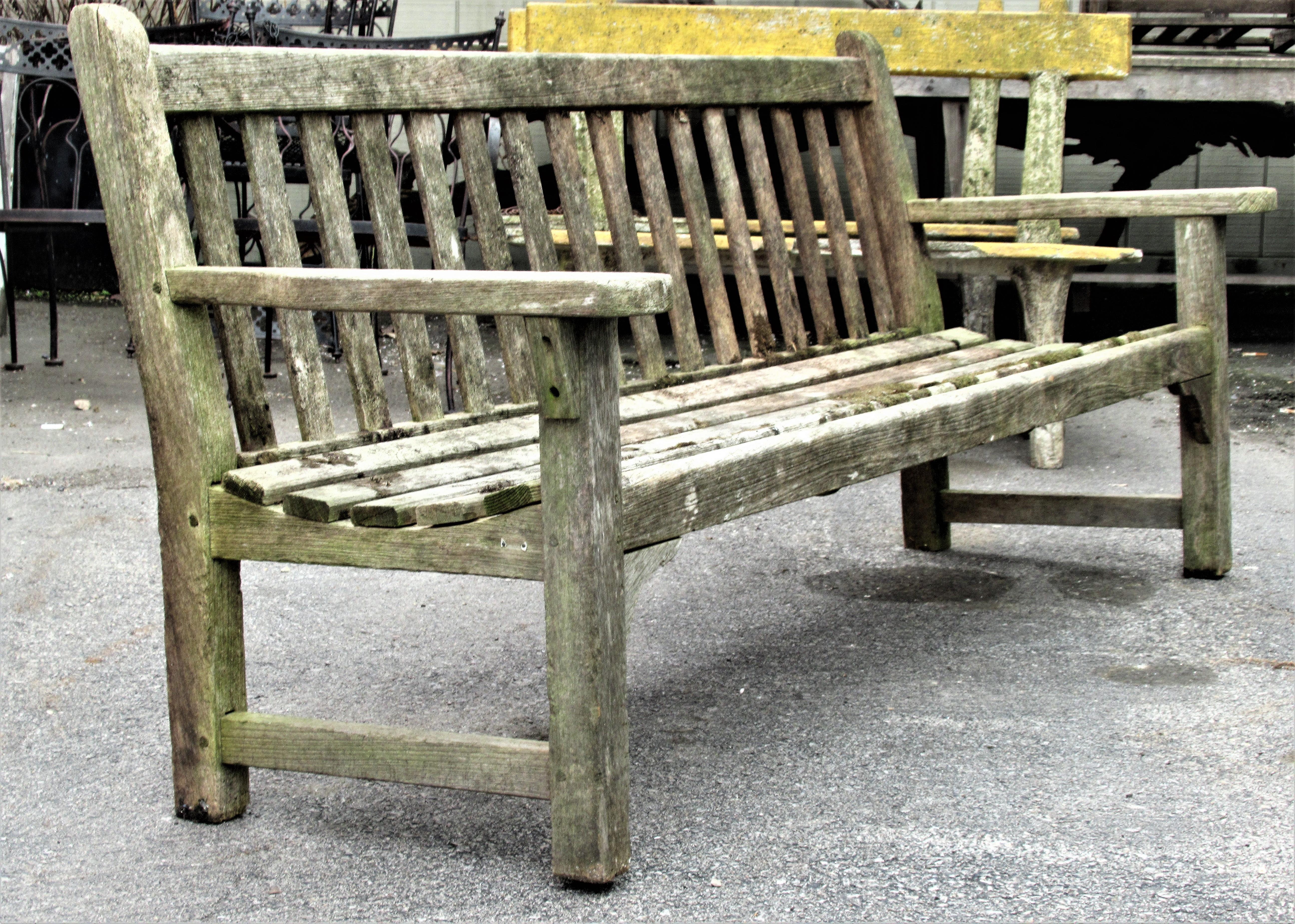 Old Weathered Teak Slat Back Long Garden Bench 4