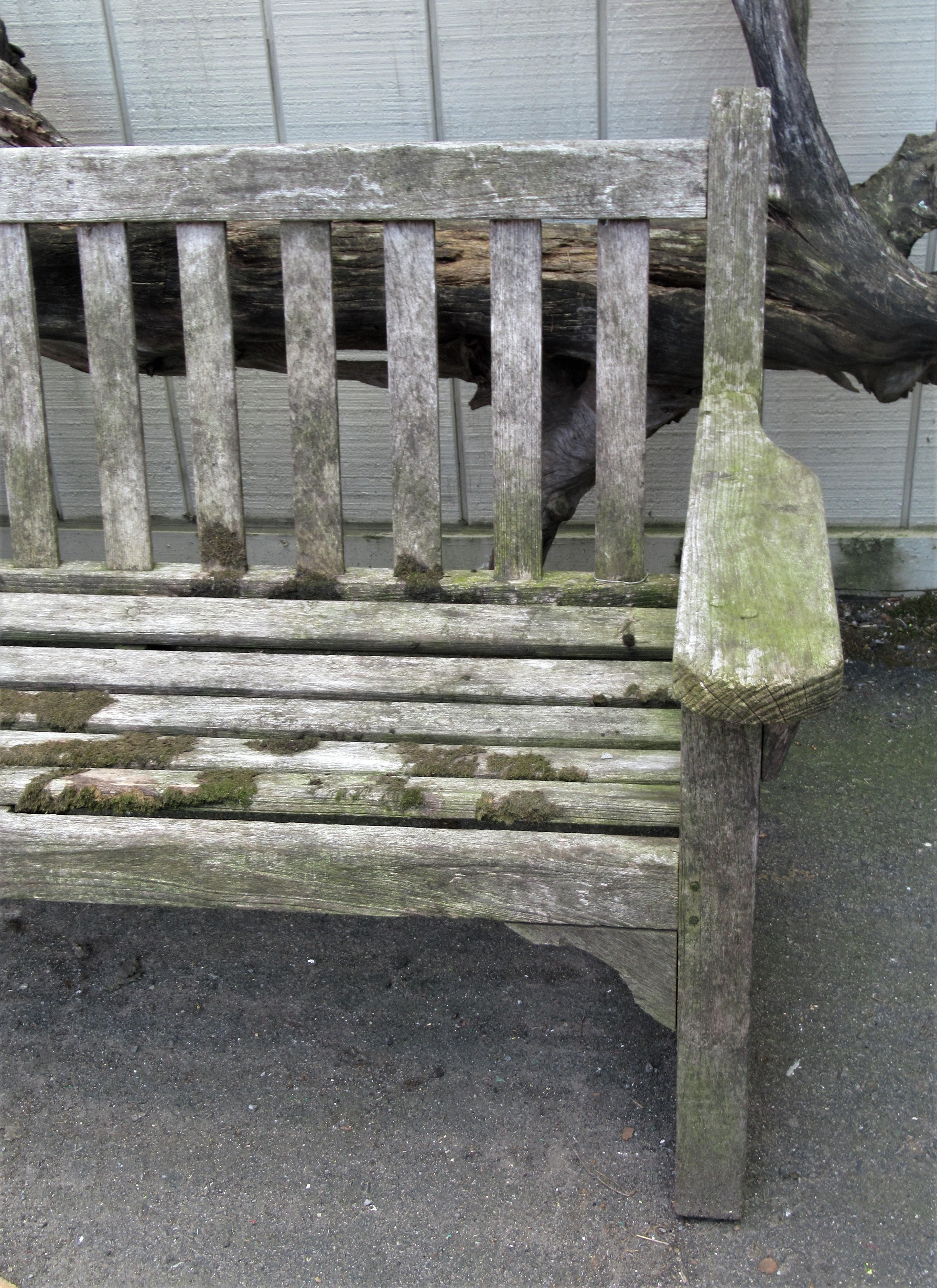Old Weathered Teak Slat Back Long Garden Bench 5