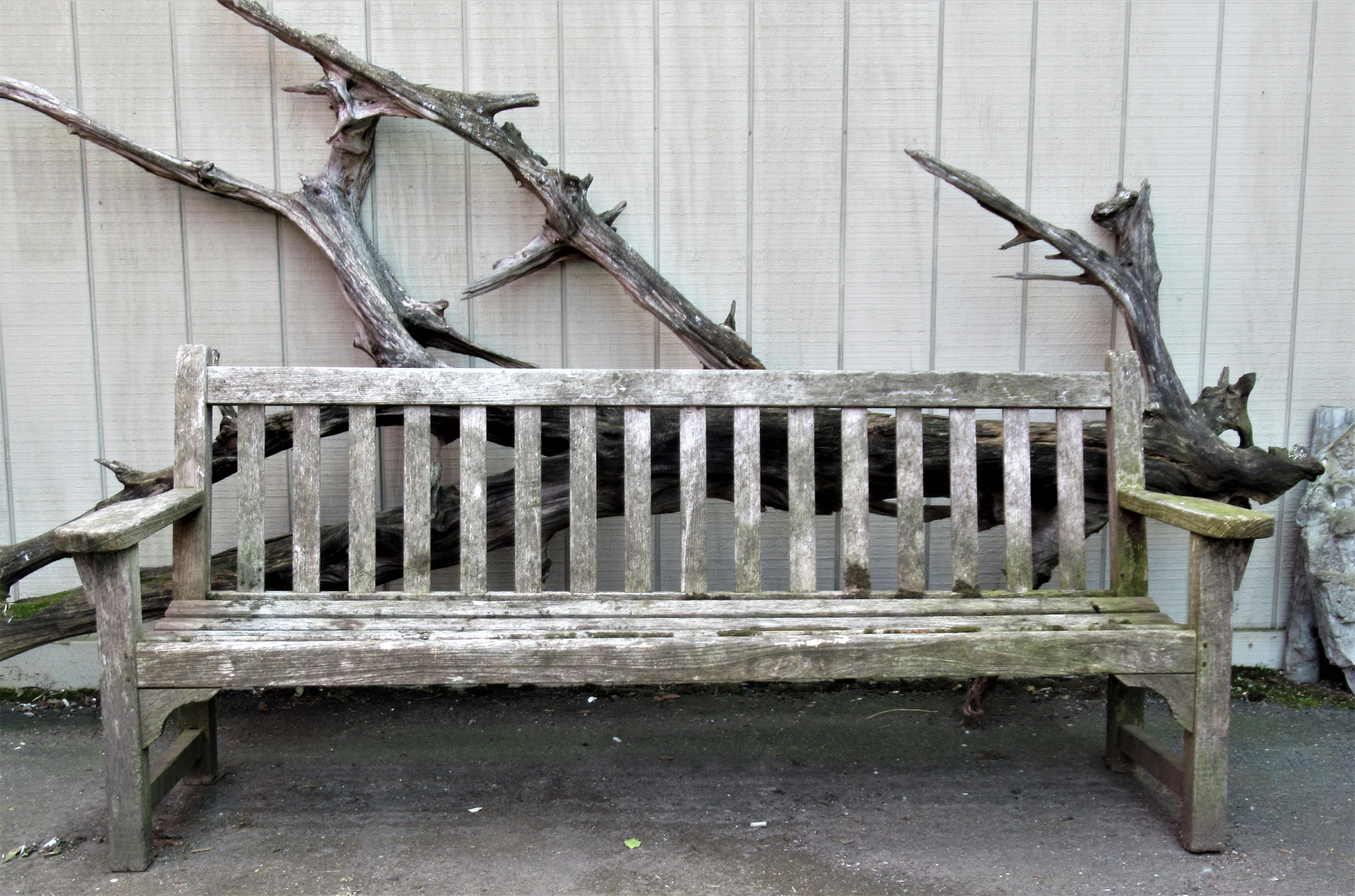 Old Weathered Teak Slat Back Long Garden Bench 7