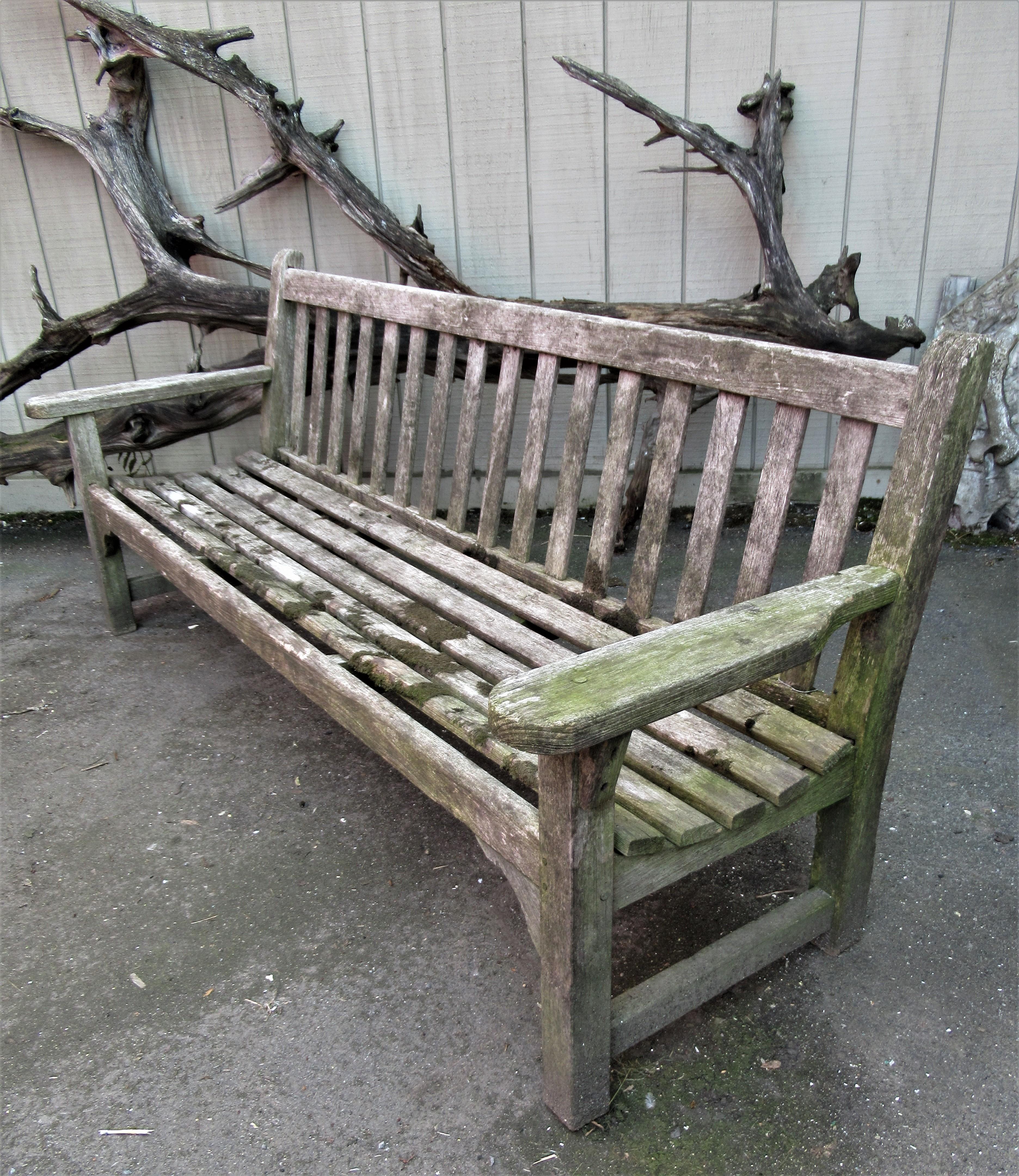 Old Weathered Teak Slat Back Long Garden Bench 6