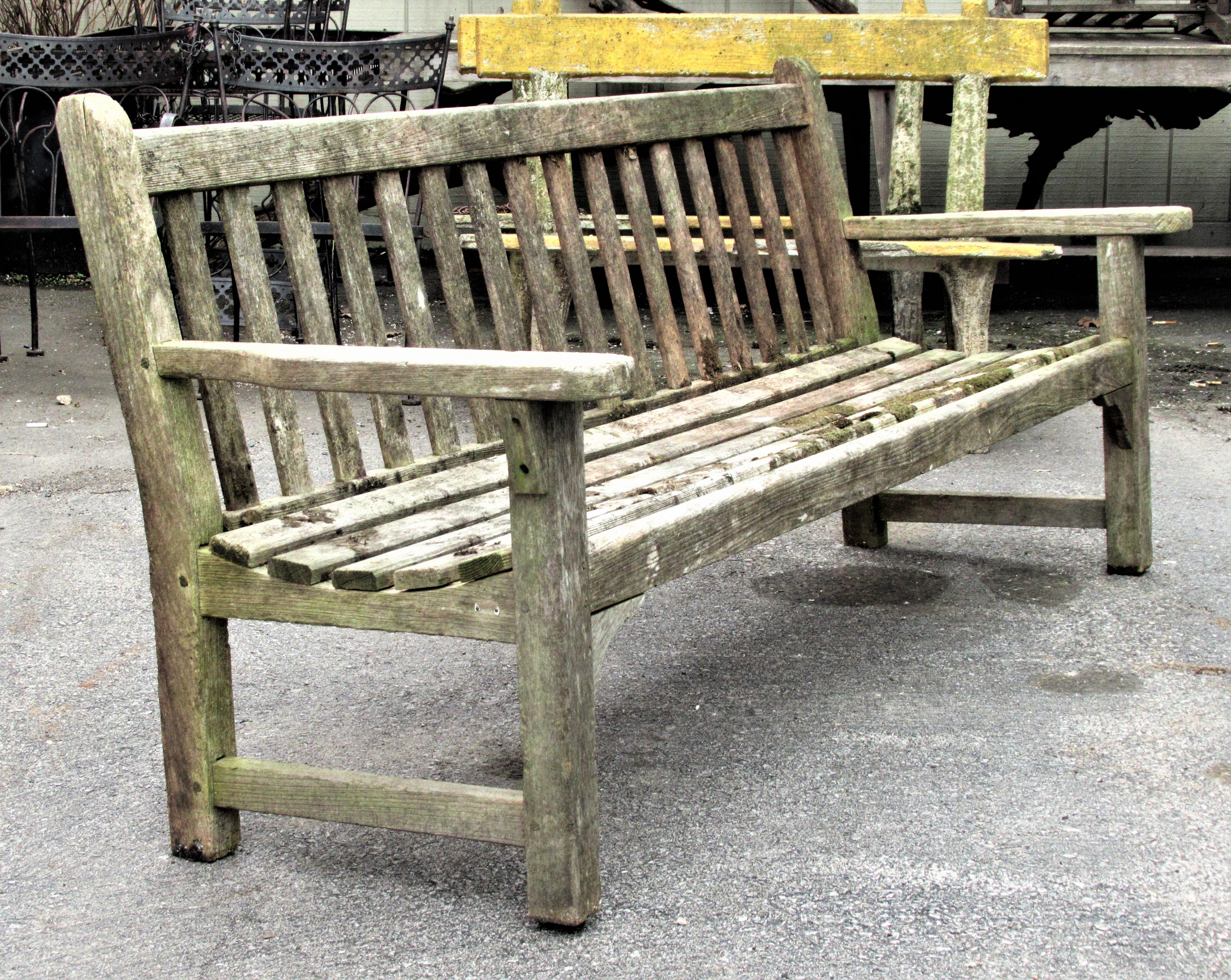 Old Weathered Teak Slat Back Long Garden Bench In Good Condition In Rochester, NY