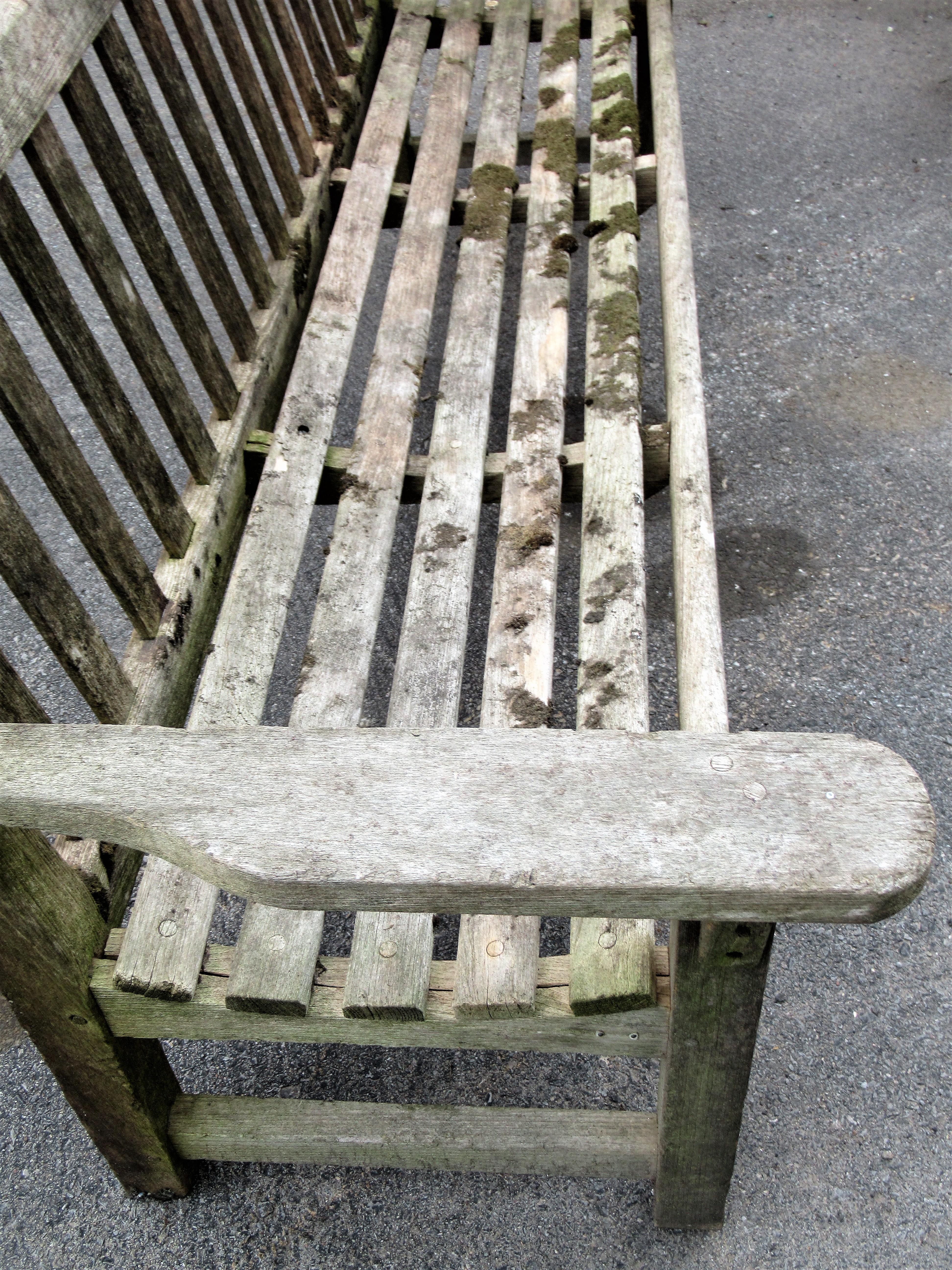 20th Century Old Weathered Teak Slat Back Long Garden Bench