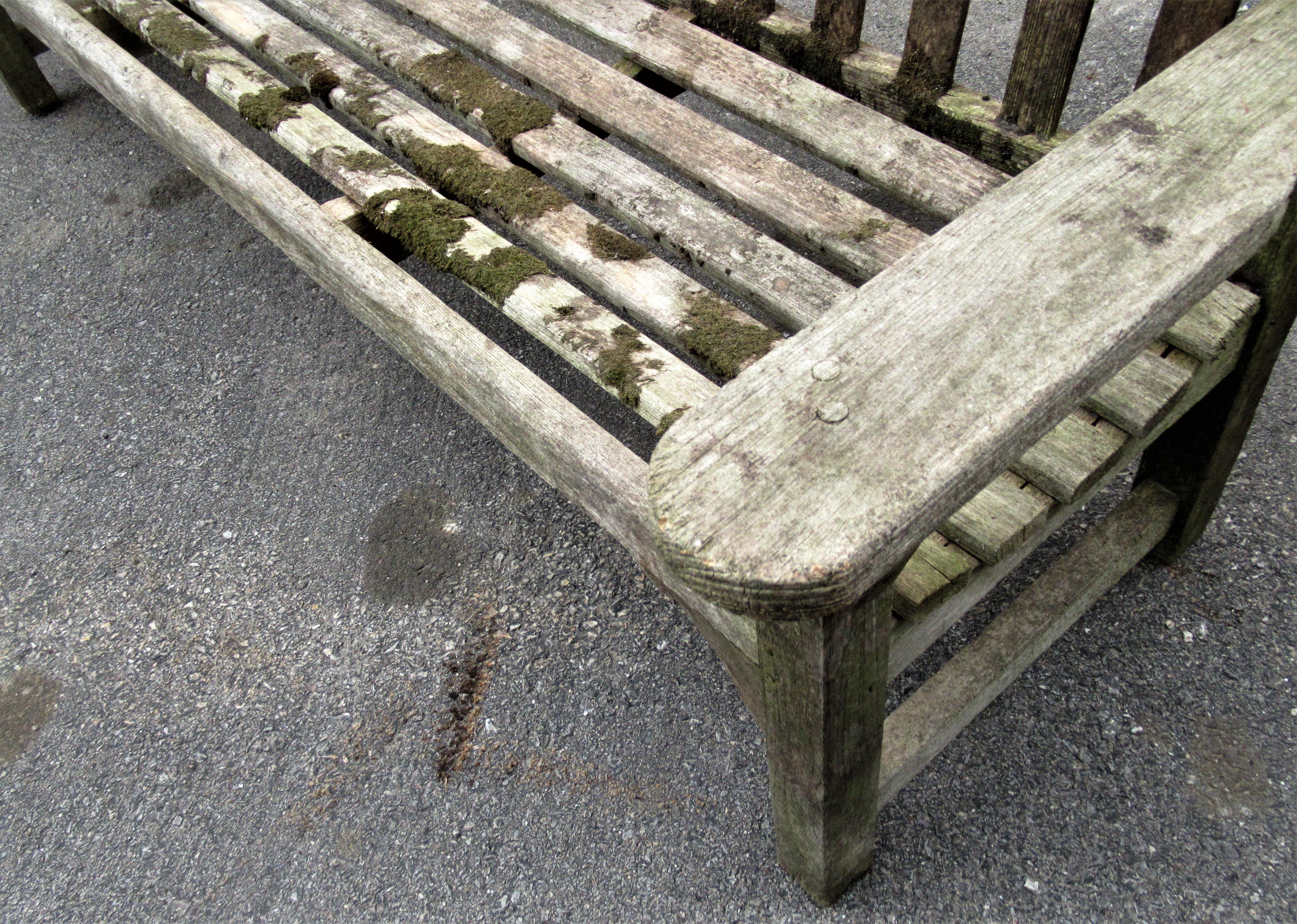 Old Weathered Teak Slat Back Long Garden Bench 1