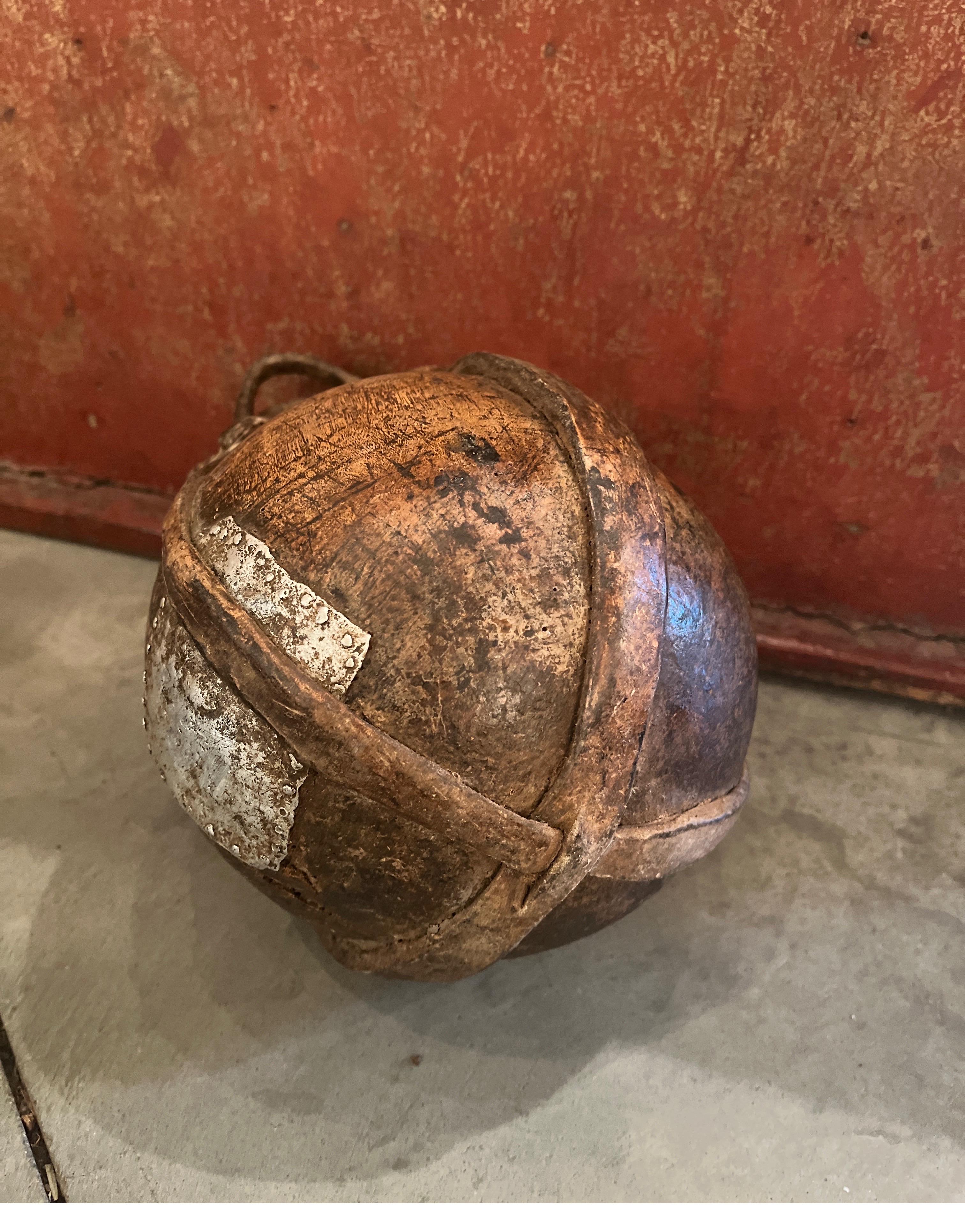 Old Weathered  Wood And Leather Container With Metal Repair From Africa For Sale 6